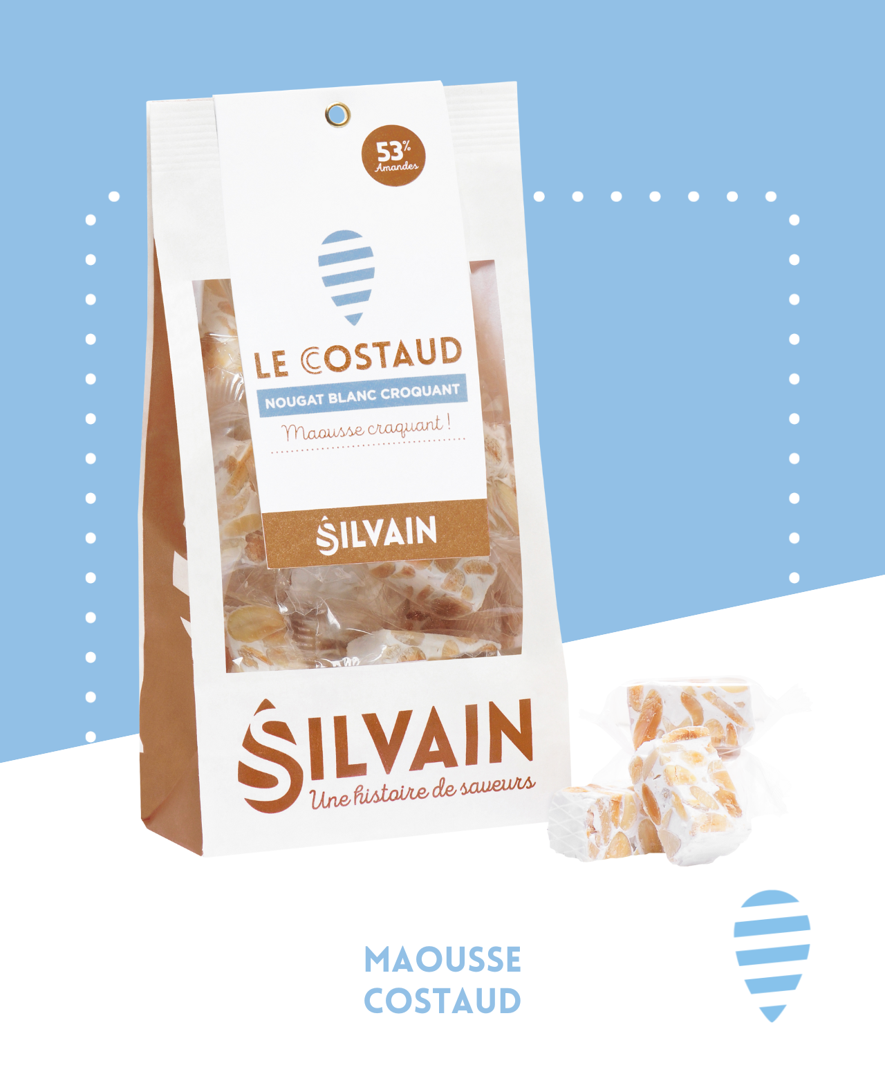 Nougat blanc croquant avec 53% d'amandes émondées, présenté en morceaux.