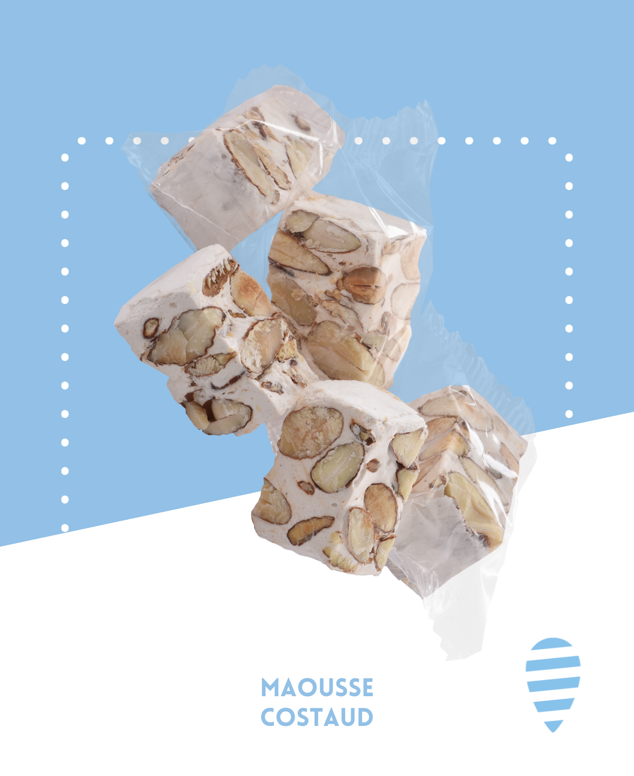 Nougat blanc croquant Le Costaud avec 53% d'amandes émondées en morceaux visibles