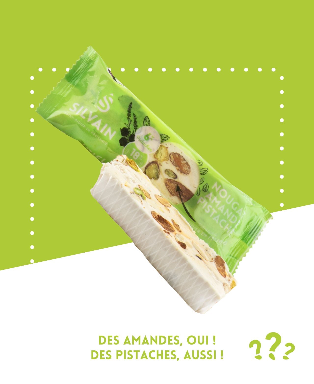 Nougat blanc aux pistaches et amandes, avec une texture croquante et des saveurs méditerranéennes.