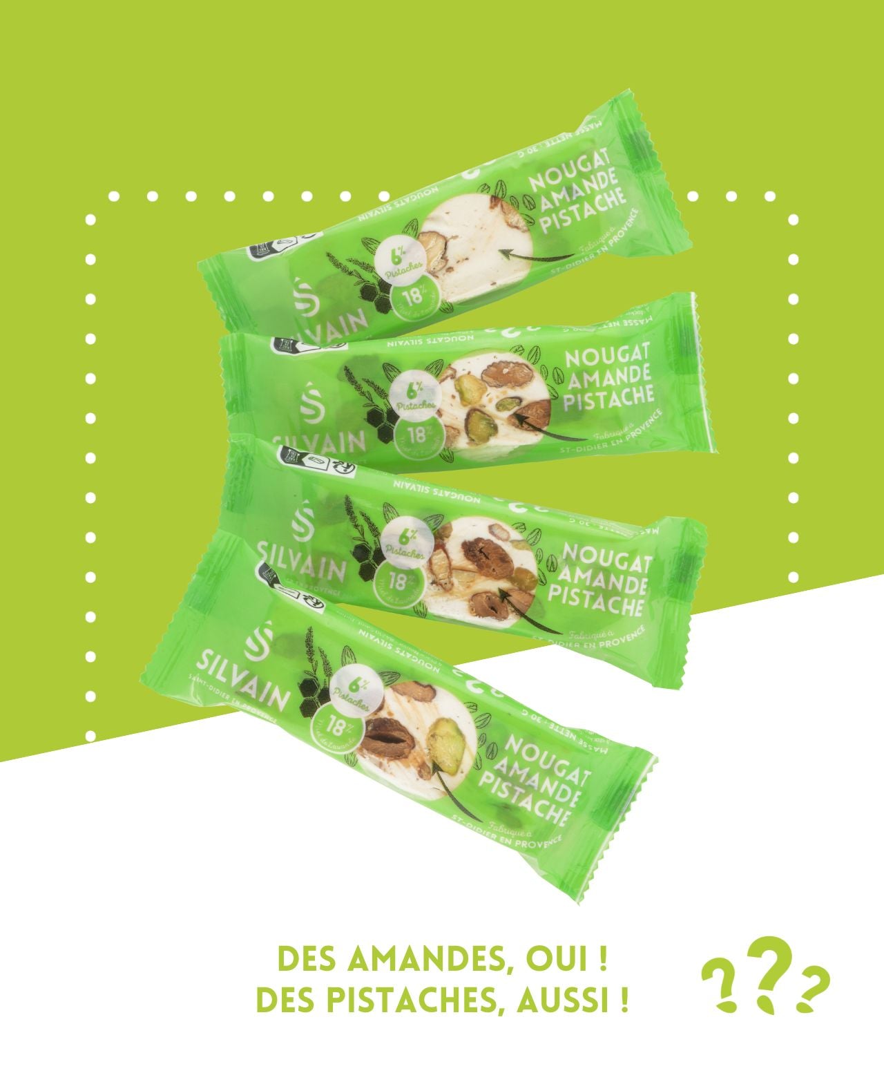 Nougat blanc avec pistaches et amandes, présenté dans un emballage de 30 g.