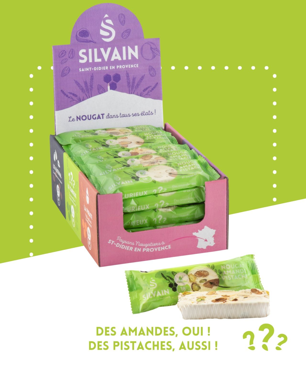 Nougat blanc avec pistaches et amandes dans un emballage de 30 g.