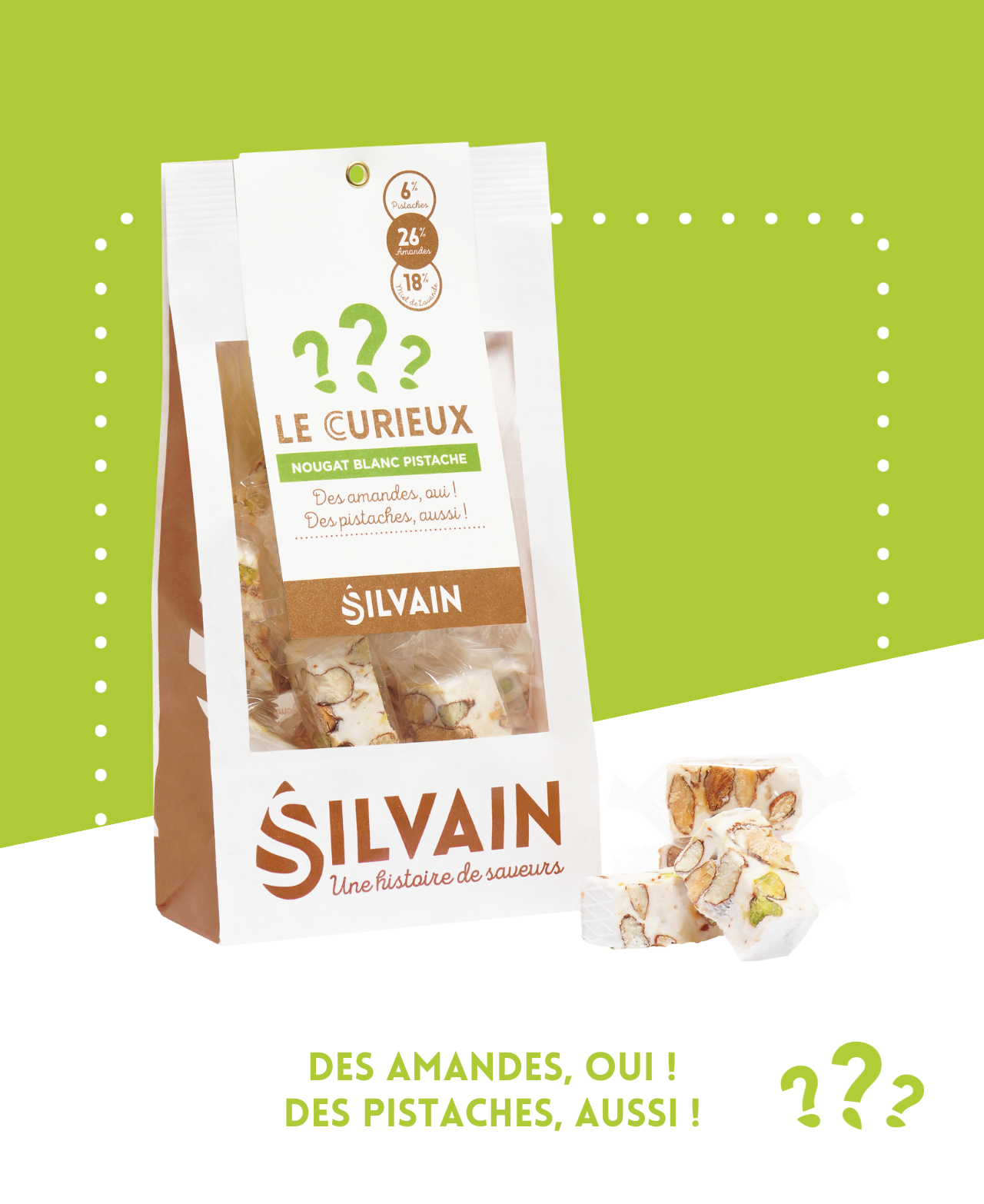 Nougat blanc avec pistaches et amandes, présenté dans un emballage élégant.
