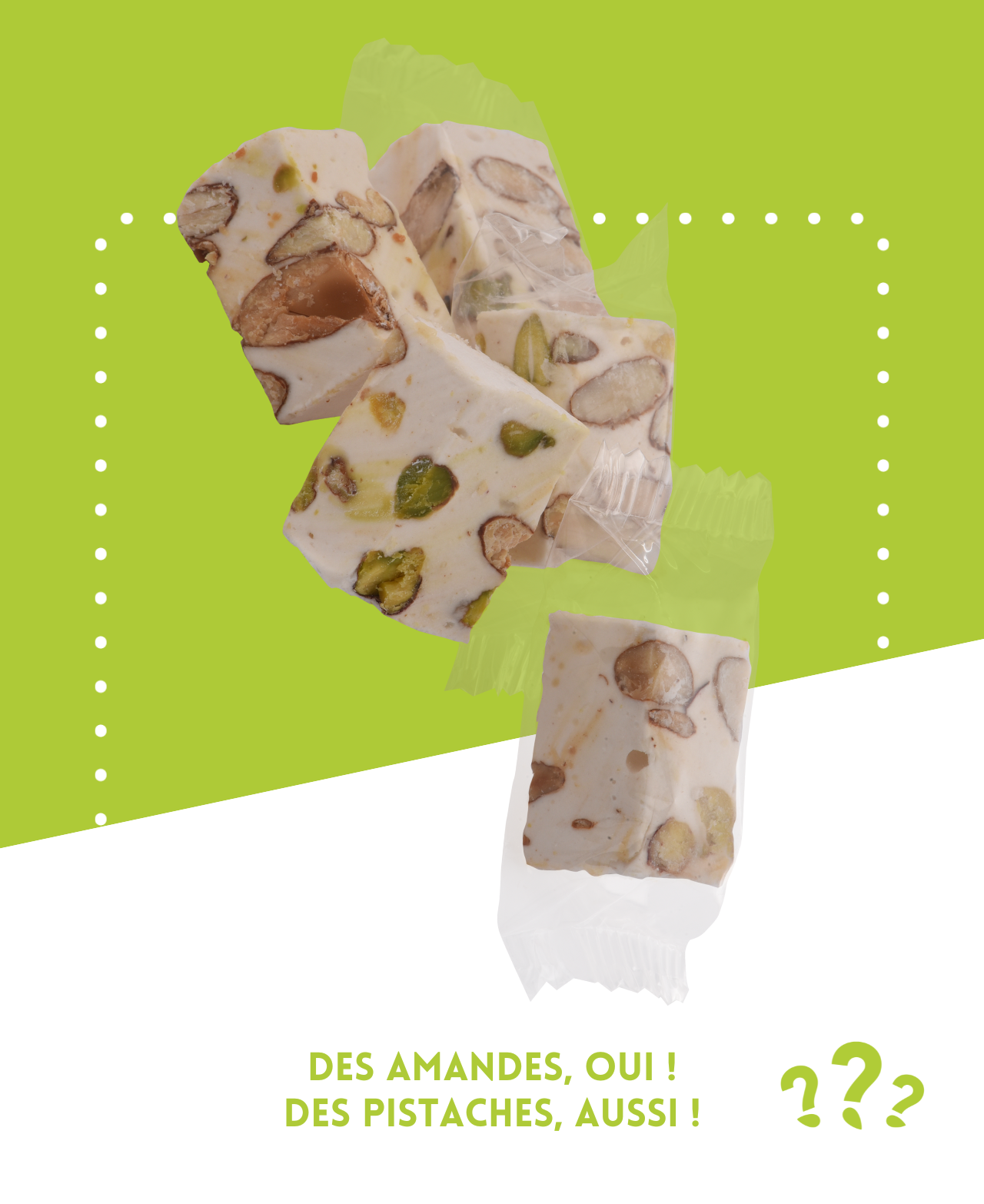 Nougat blanc avec pistaches et amandes, présenté dans un emballage élégant.