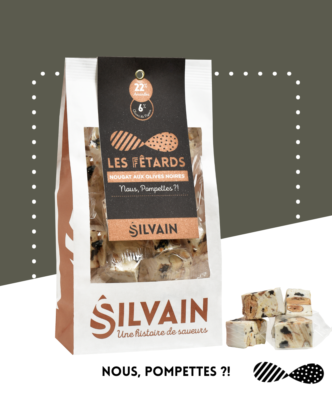 Nougat blanc aux olives noires de Nyons, saupoudré de romarin finement moulu.