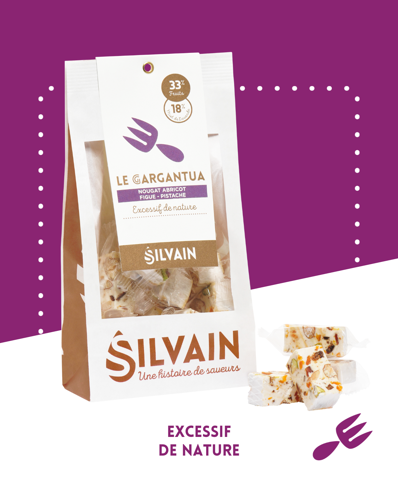 Nougat blanc avec abricot, figue, pistache et amande visible en morceaux.