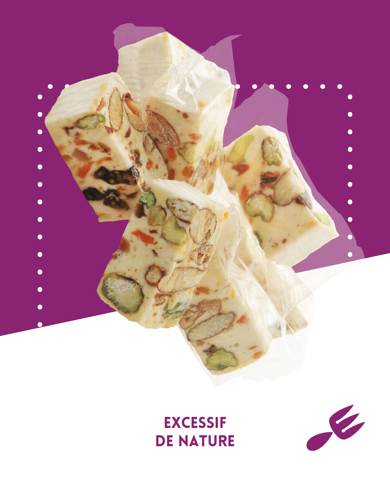 Nougat blanc with apricot, fig, pistachio, and almond in a rectangular shape.