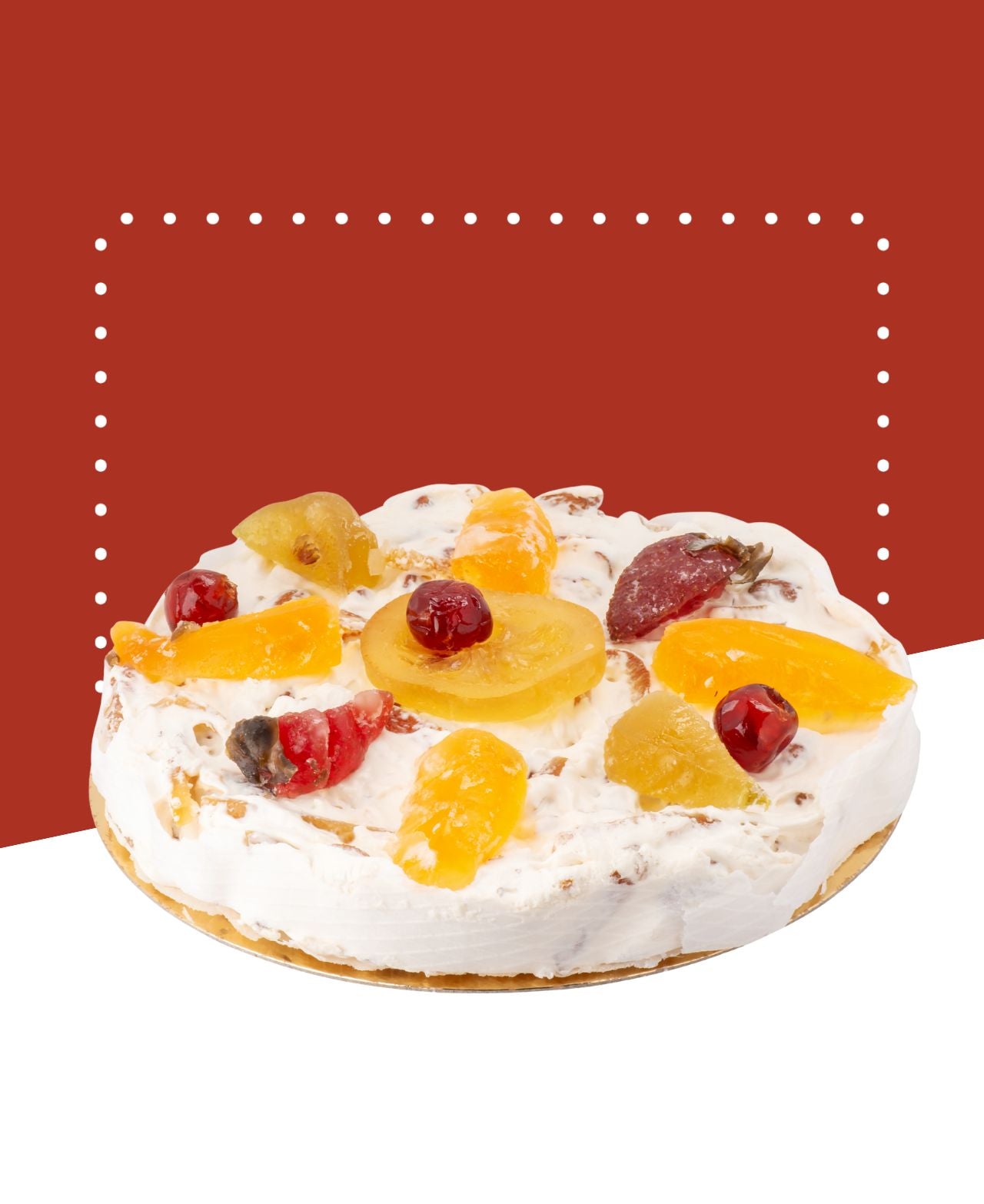 Gâteau au nougat blanc avec fruits confits colorés sur le dessus, portion de 850g environ