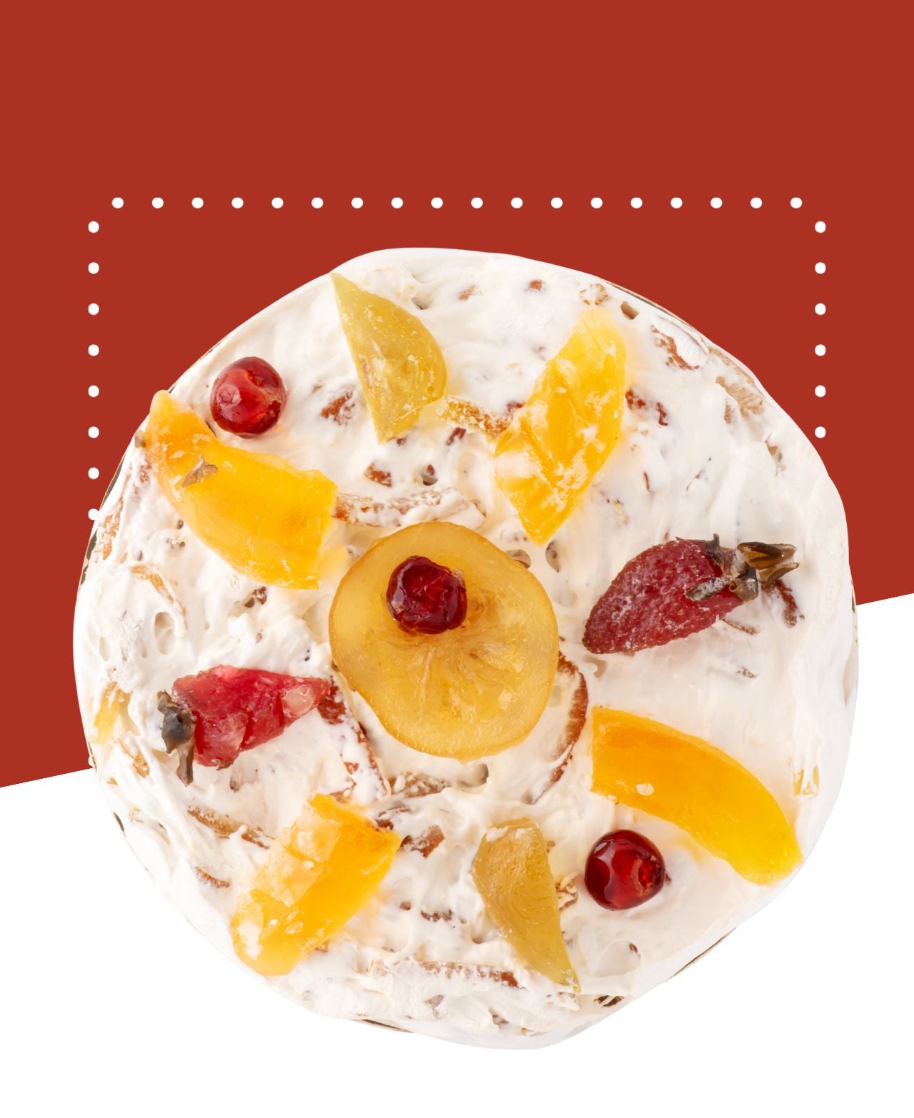 Gâteau au nougat blanc avec fruits confits colorés sur le dessus, portion de 850g environ