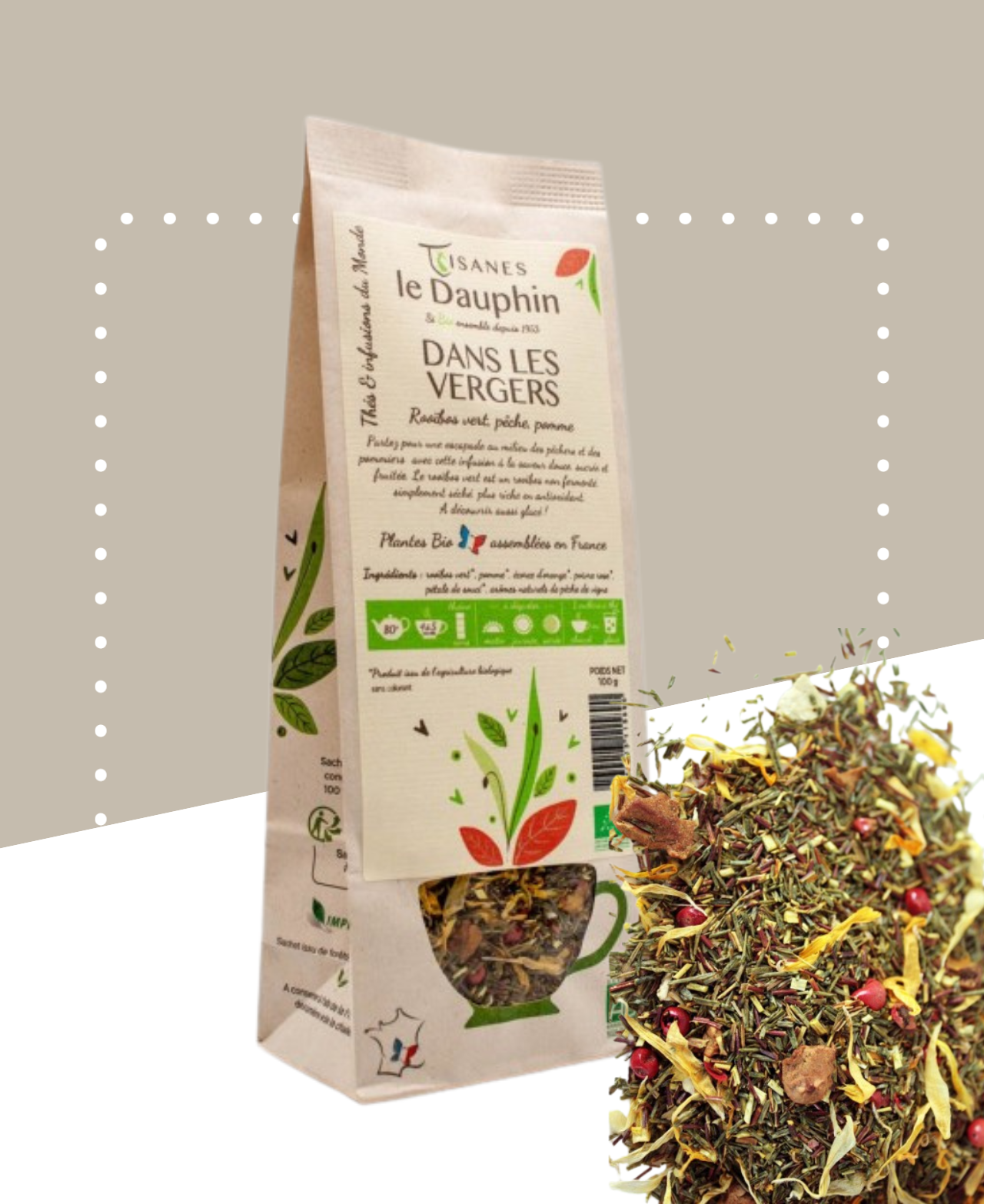 Boîte d'infusion bio Dans les vergers avec rooïbos vert aux saveurs fruitées douces.