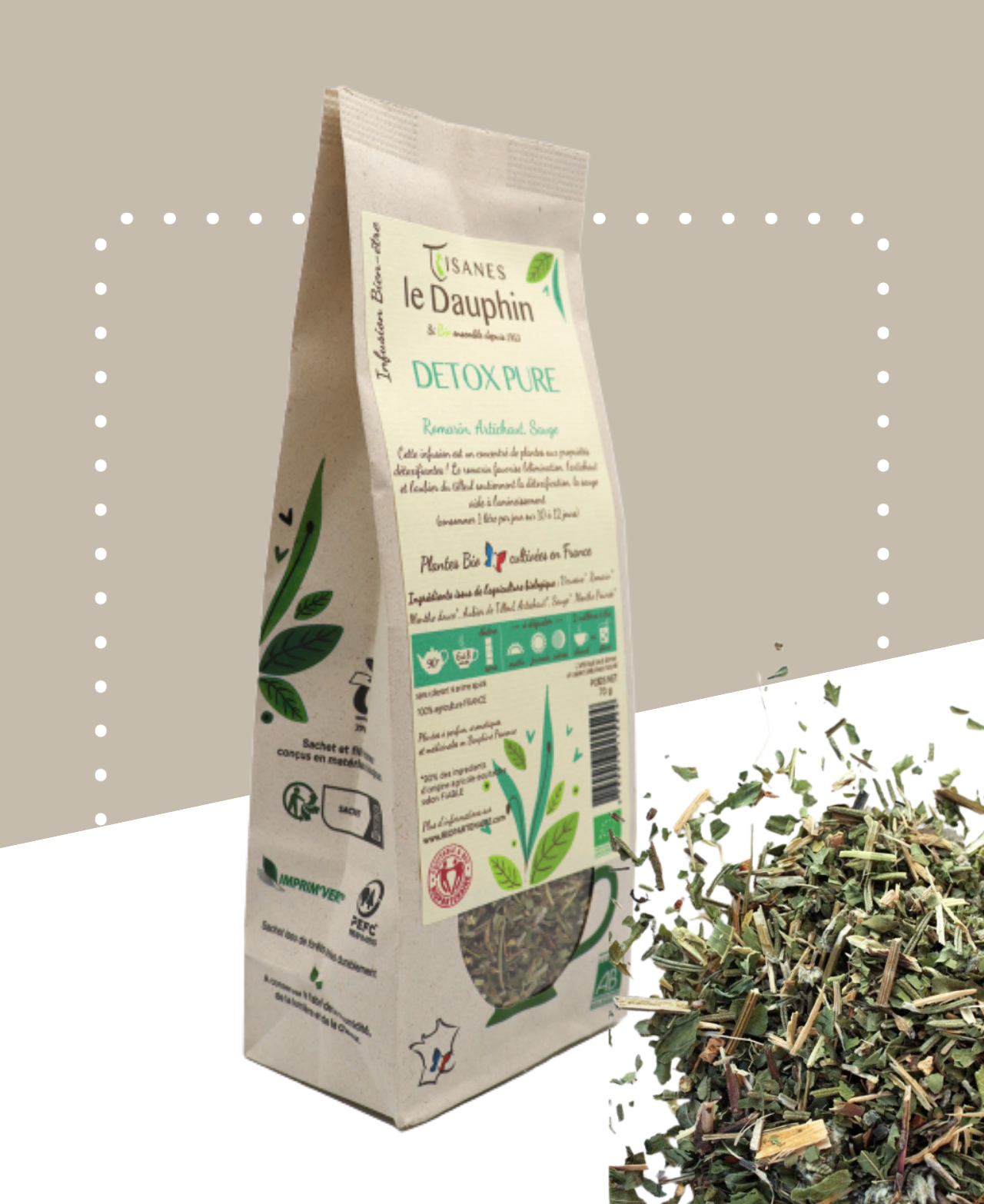 Infusion de plantes bio pour détoxifier le corps, avec romarin, artichaut et sauge.