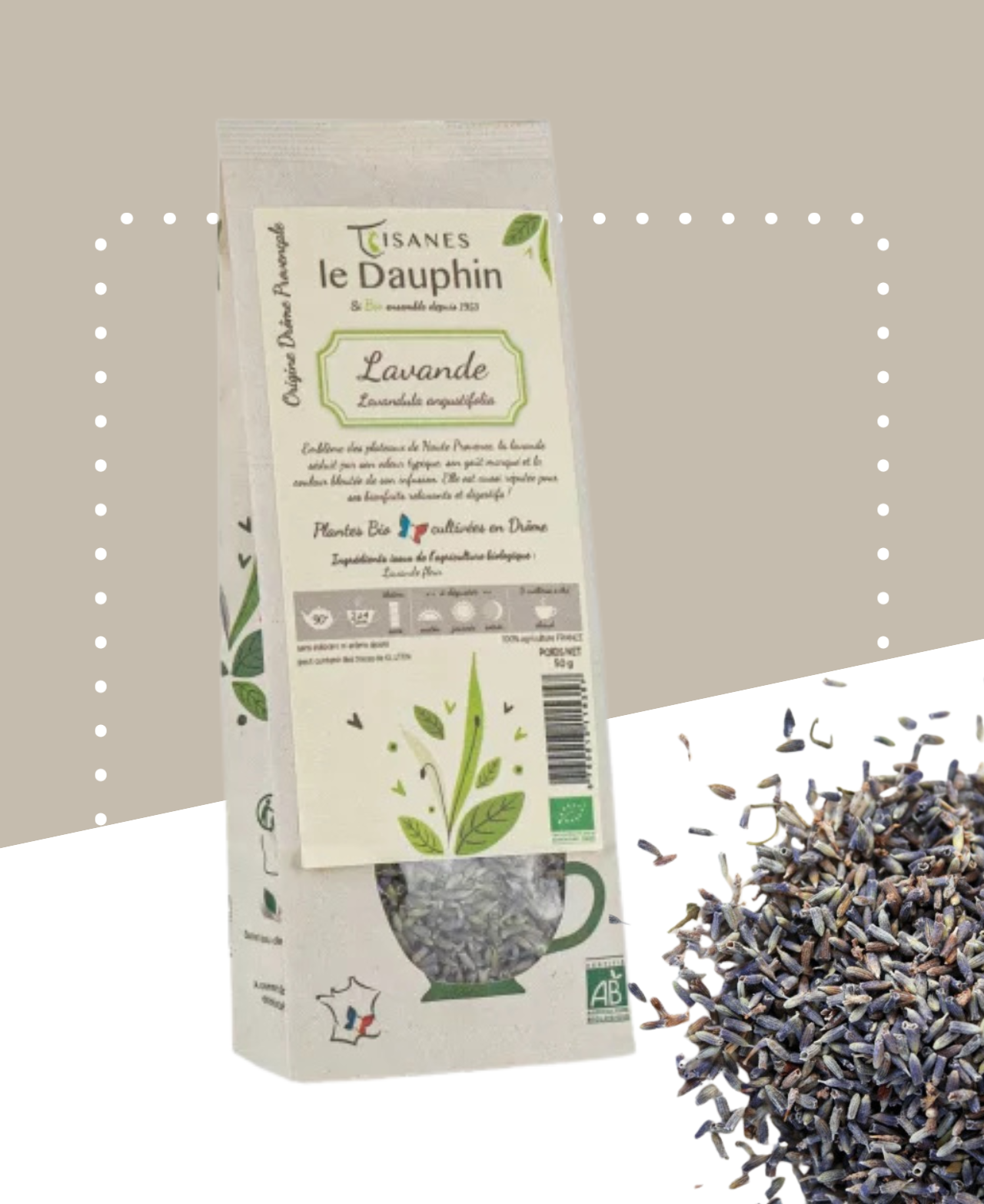 Dried lavender flowers in a clear package, showcasing their vibrant purple color and texture.
