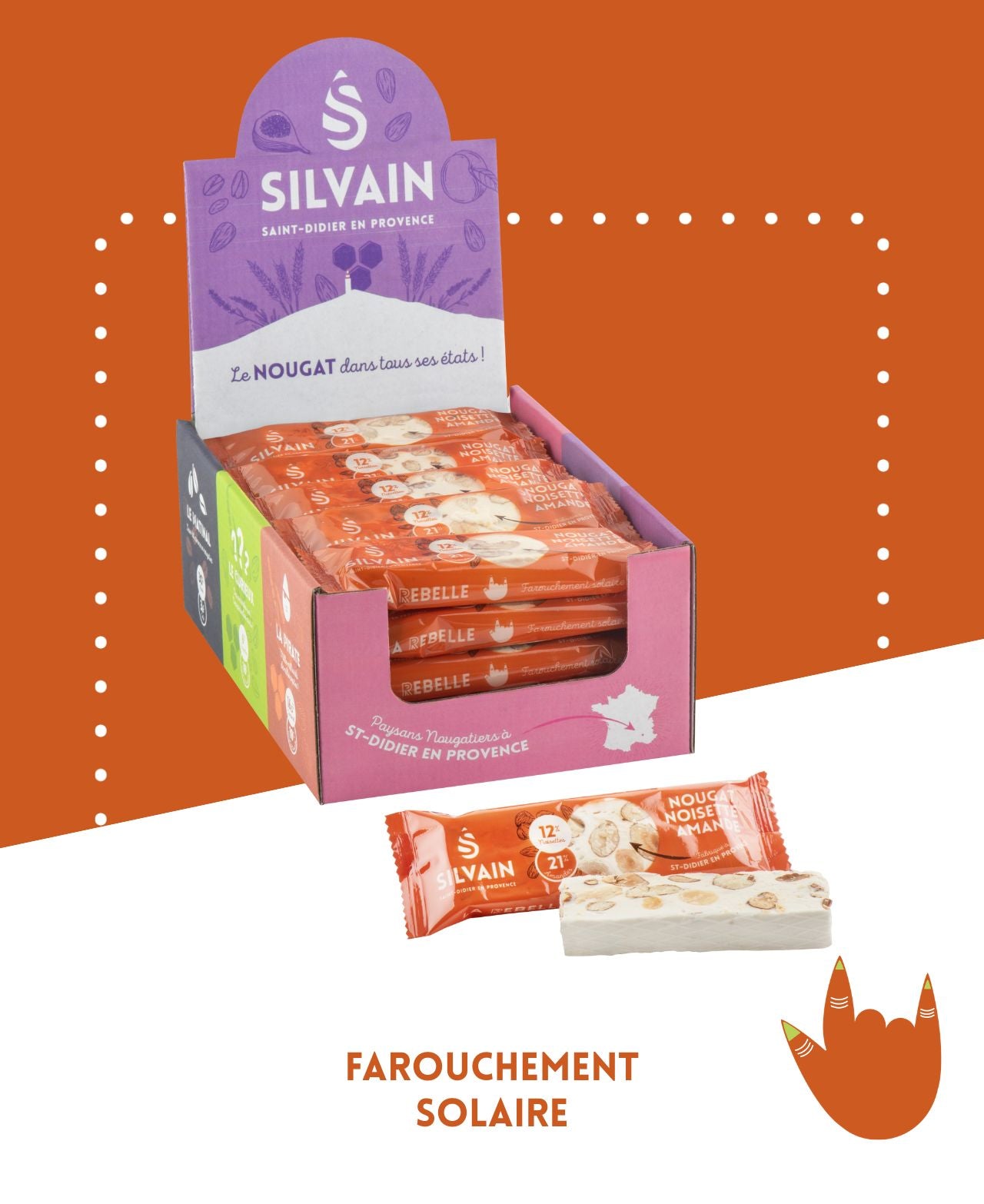 Nougat blanc avec noisettes et amandes, présenté dans un emballage de 30 g.