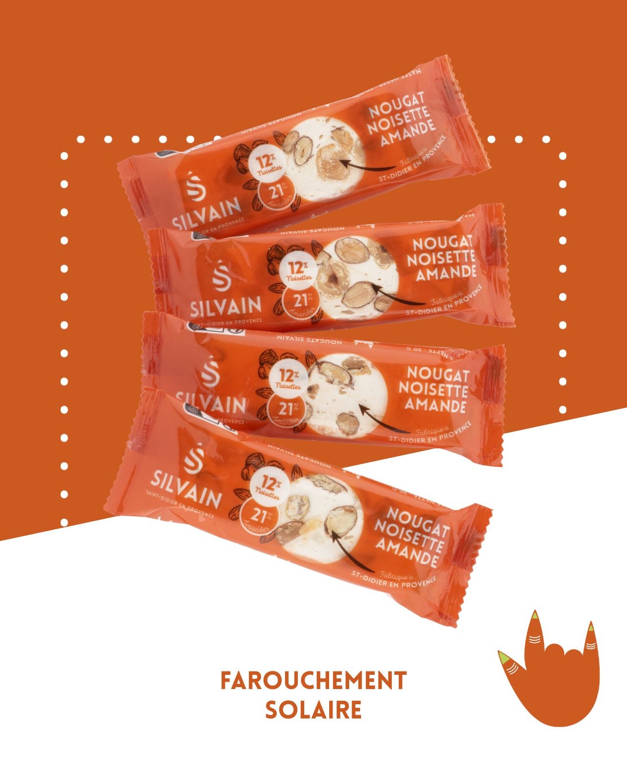 Nougat blanc aux noisettes et amandes, présenté en un paquet de 30 g.