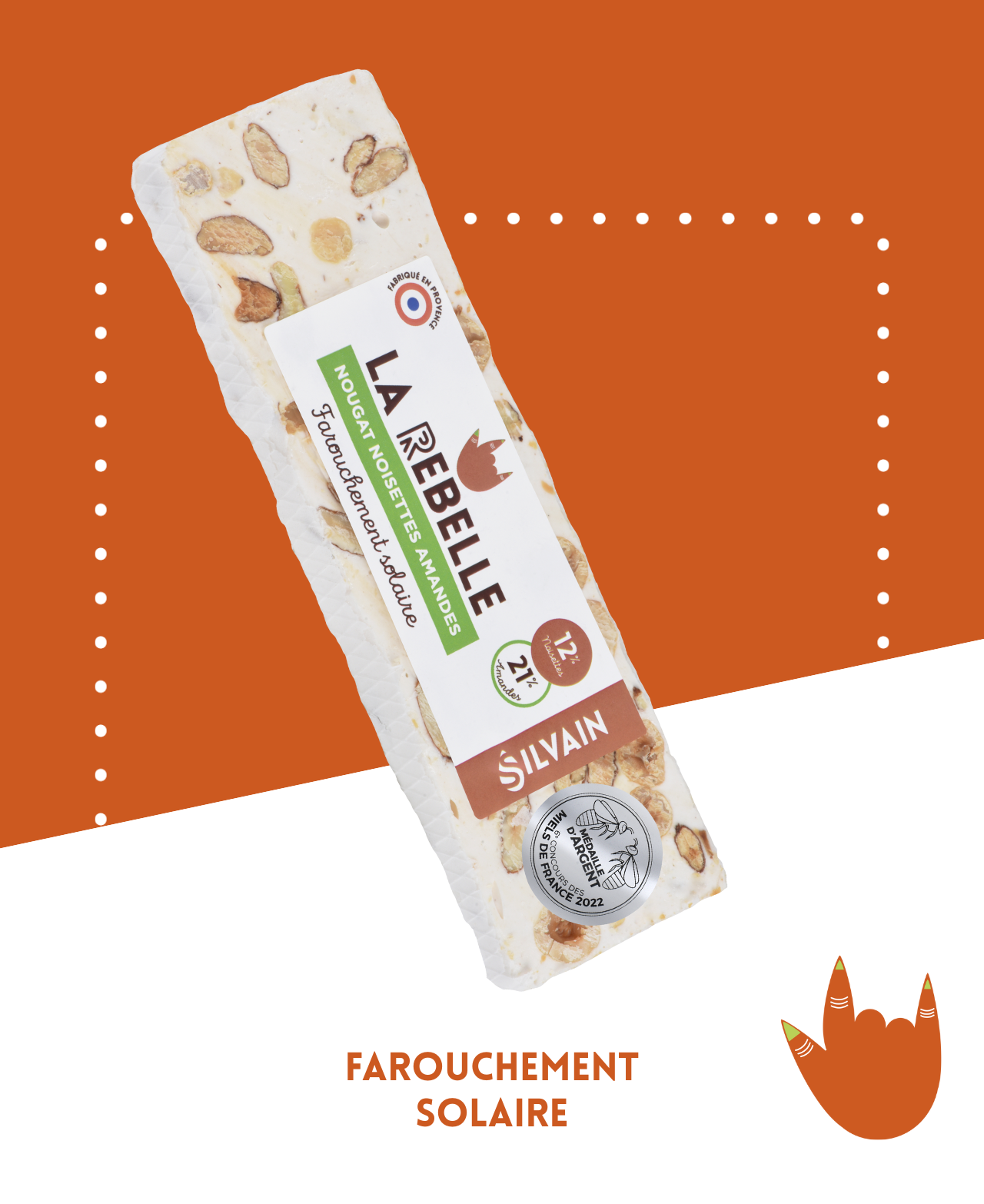 Nougat blanc aux noisettes et amandes, présenté dans un emballage élégant.