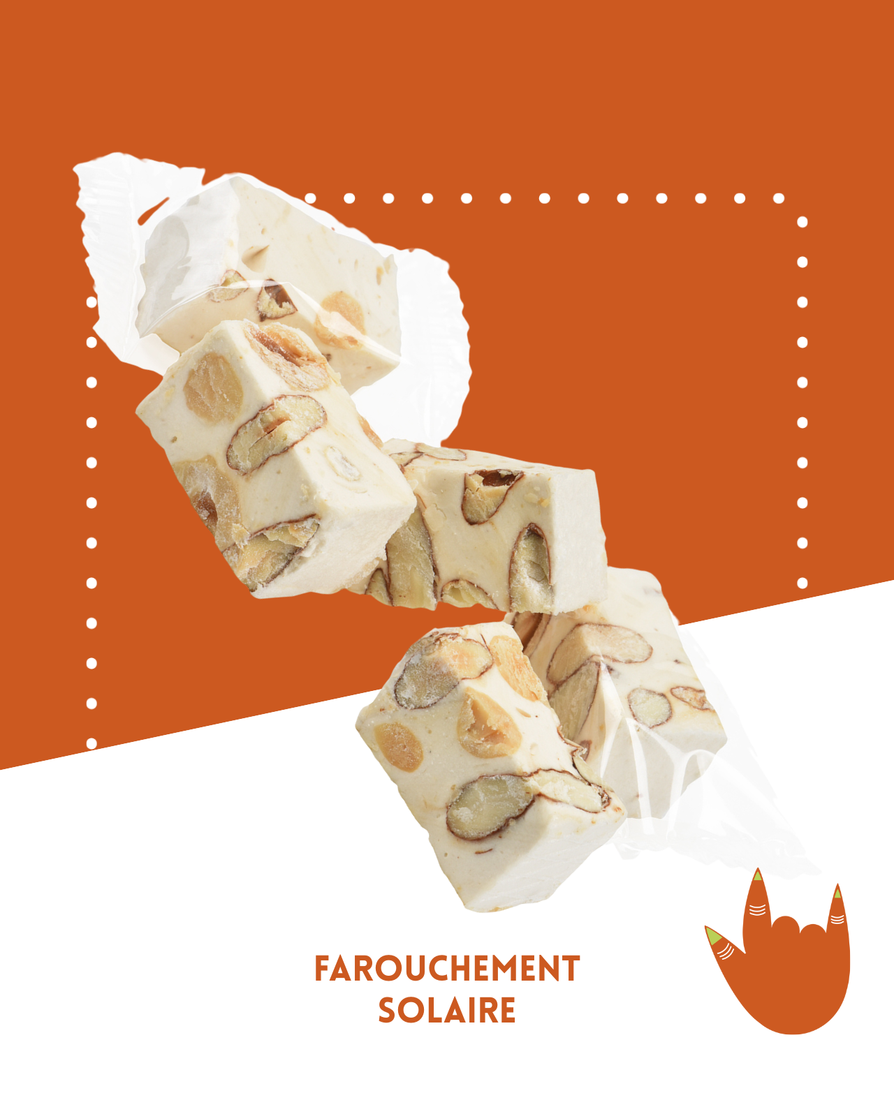 Nougat blanc aux noisettes et amandes, présenté dans un emballage élégant.