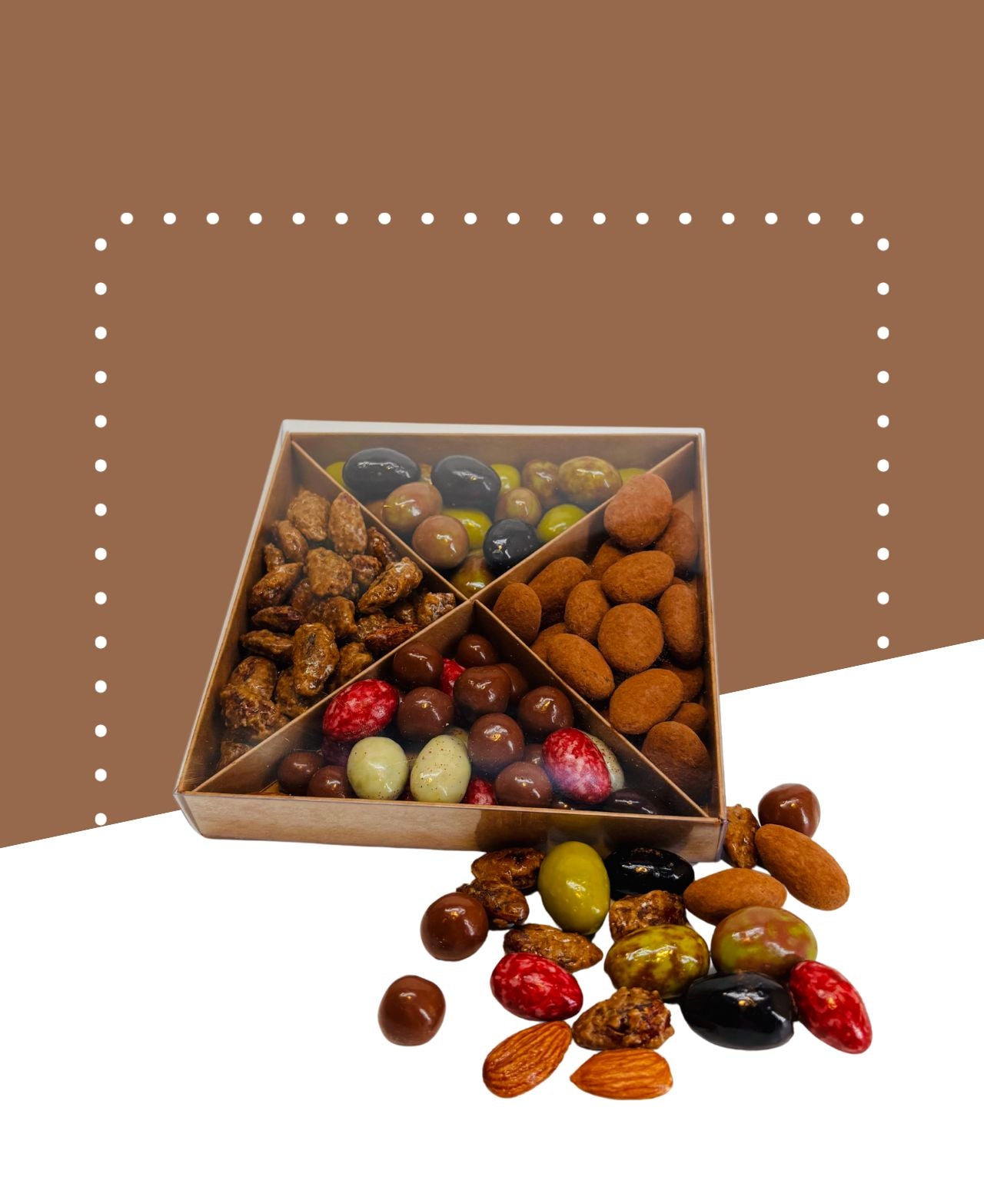Ballotin de 250g avec 4 amandes chocolatées variées dont pralino et noisettes.