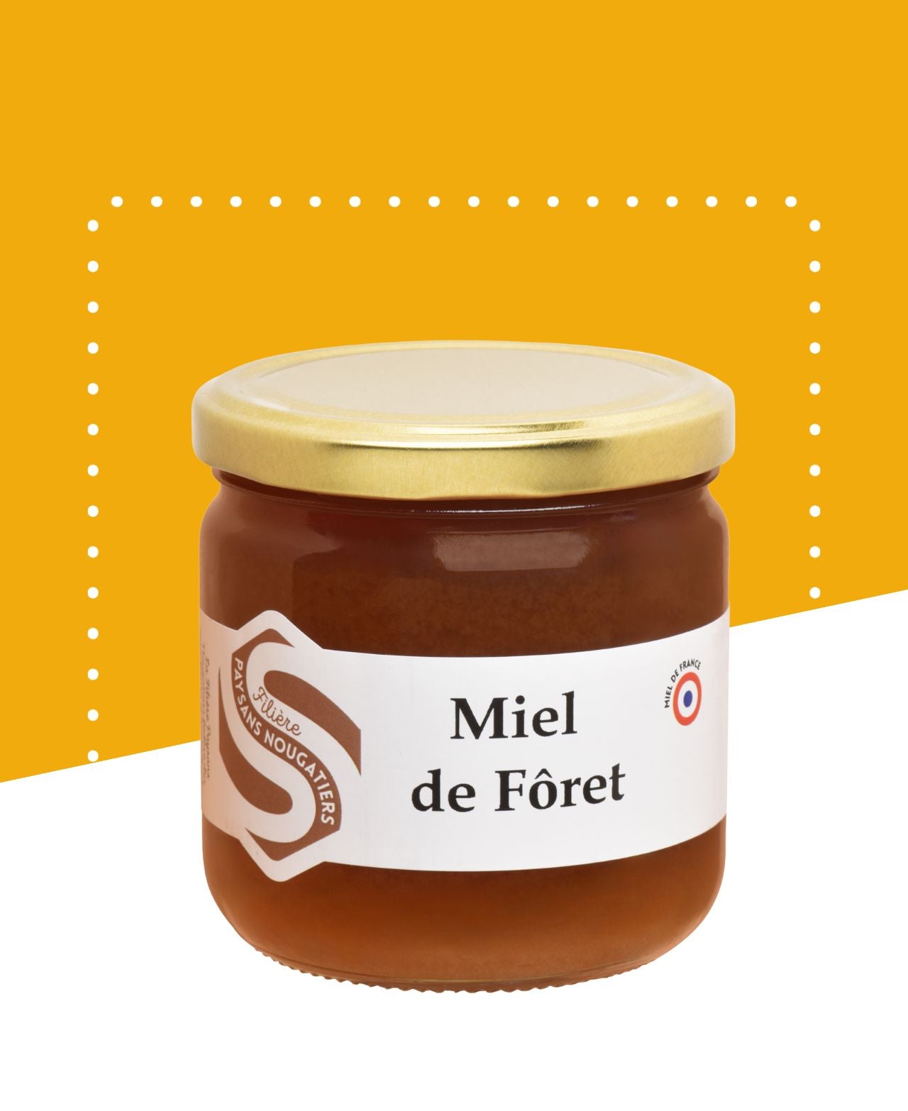 Pot en verre de 500g de miel de forêt récolté en Bresse avec fleurs de ronce, tilleul et acacia