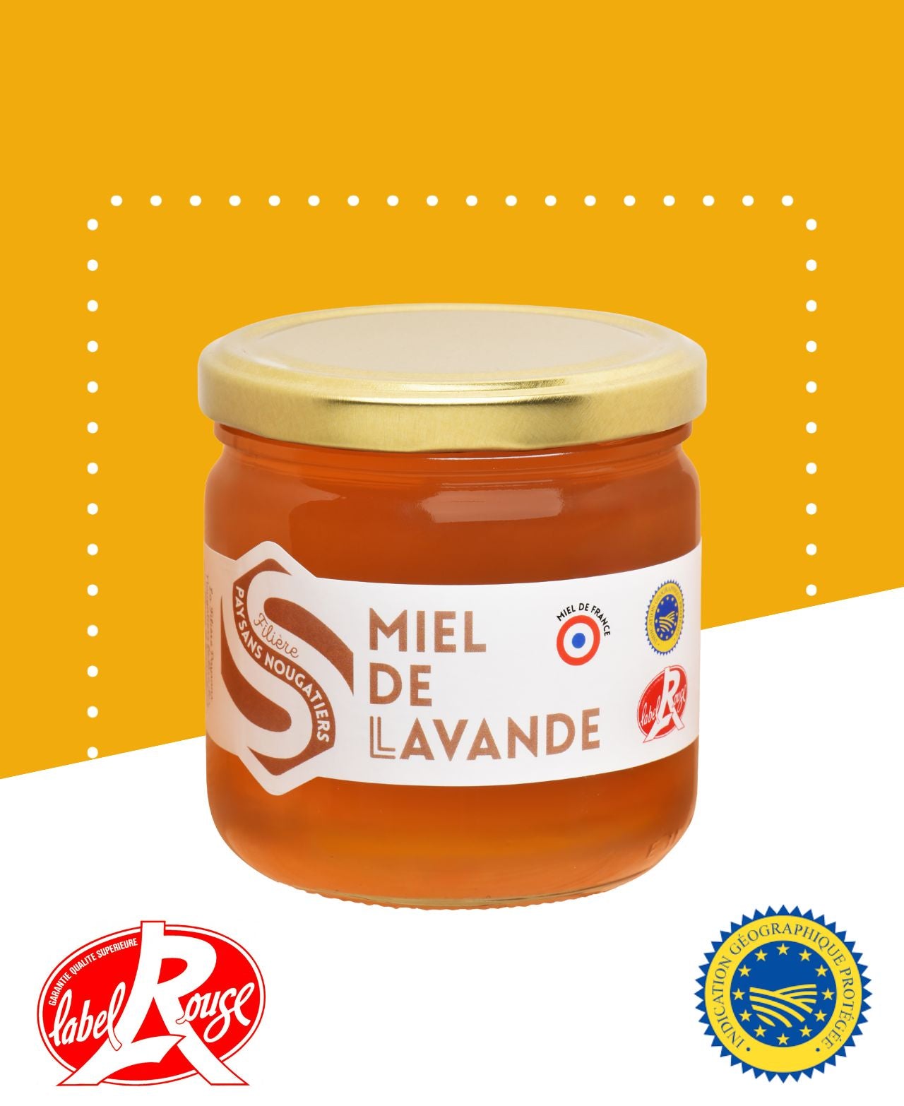 Pot de miel de lavande de 500g, avec étiquette Label Rouge, en verre transparent.