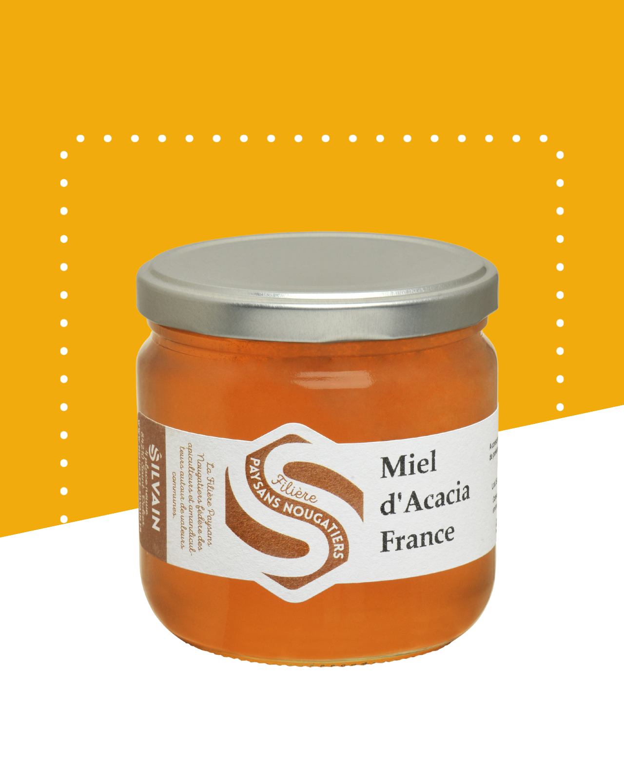 Pot en verre de 500g de miel d'acacia récolté dans une forêt de robiniers en Bresse.