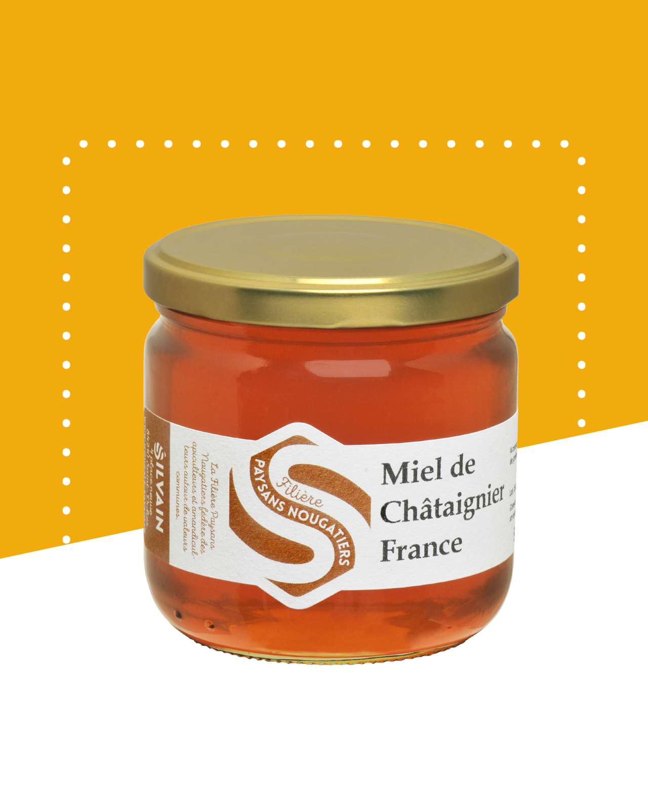 Pot de miel de châtaignier de 500g avec une étiquette FILIÈRE PAYSANS NOUGATIERS.