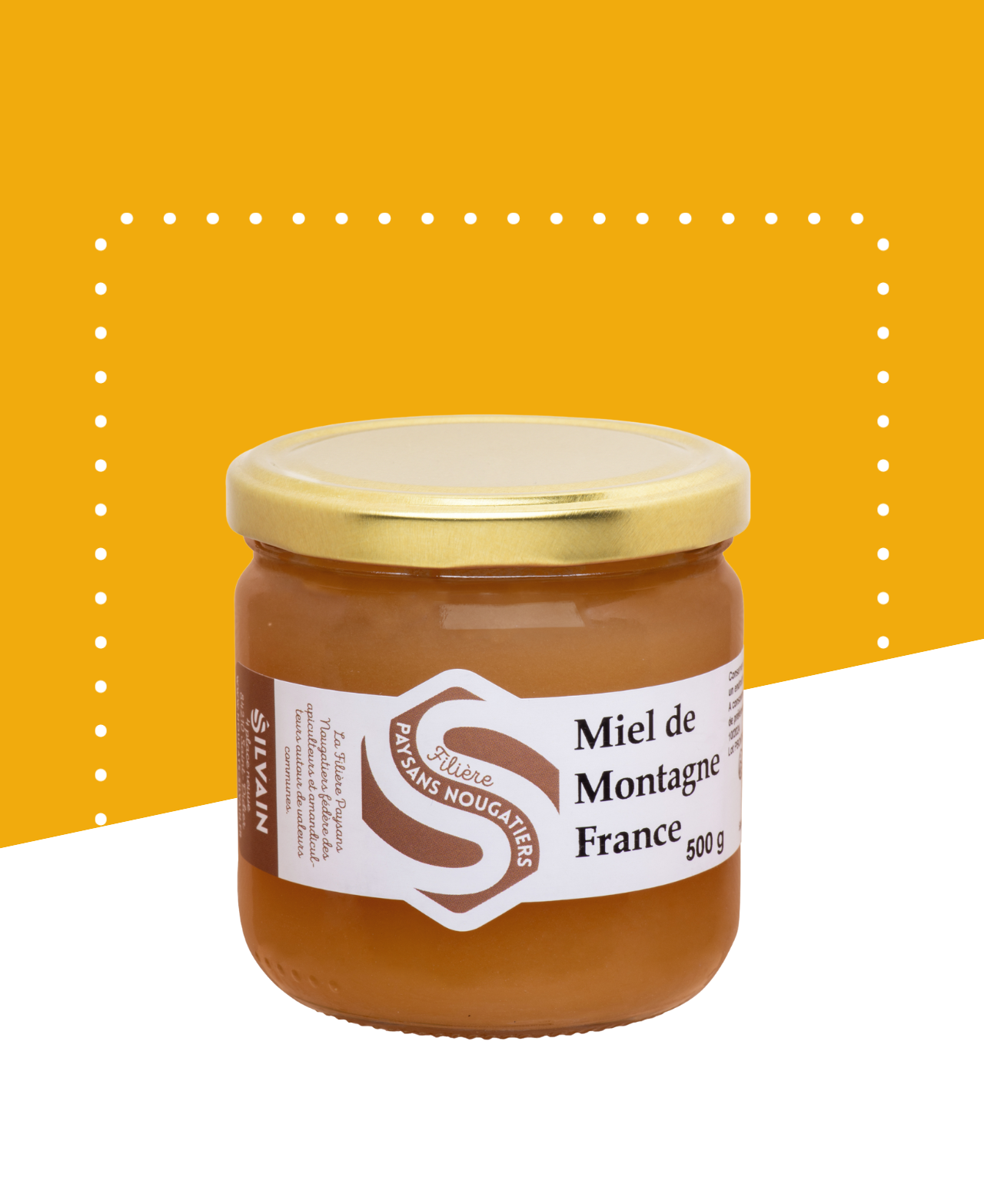 Pot de miel d'altitude de 500g, couleur dorée, avec étiquettes sur un fond blanc.