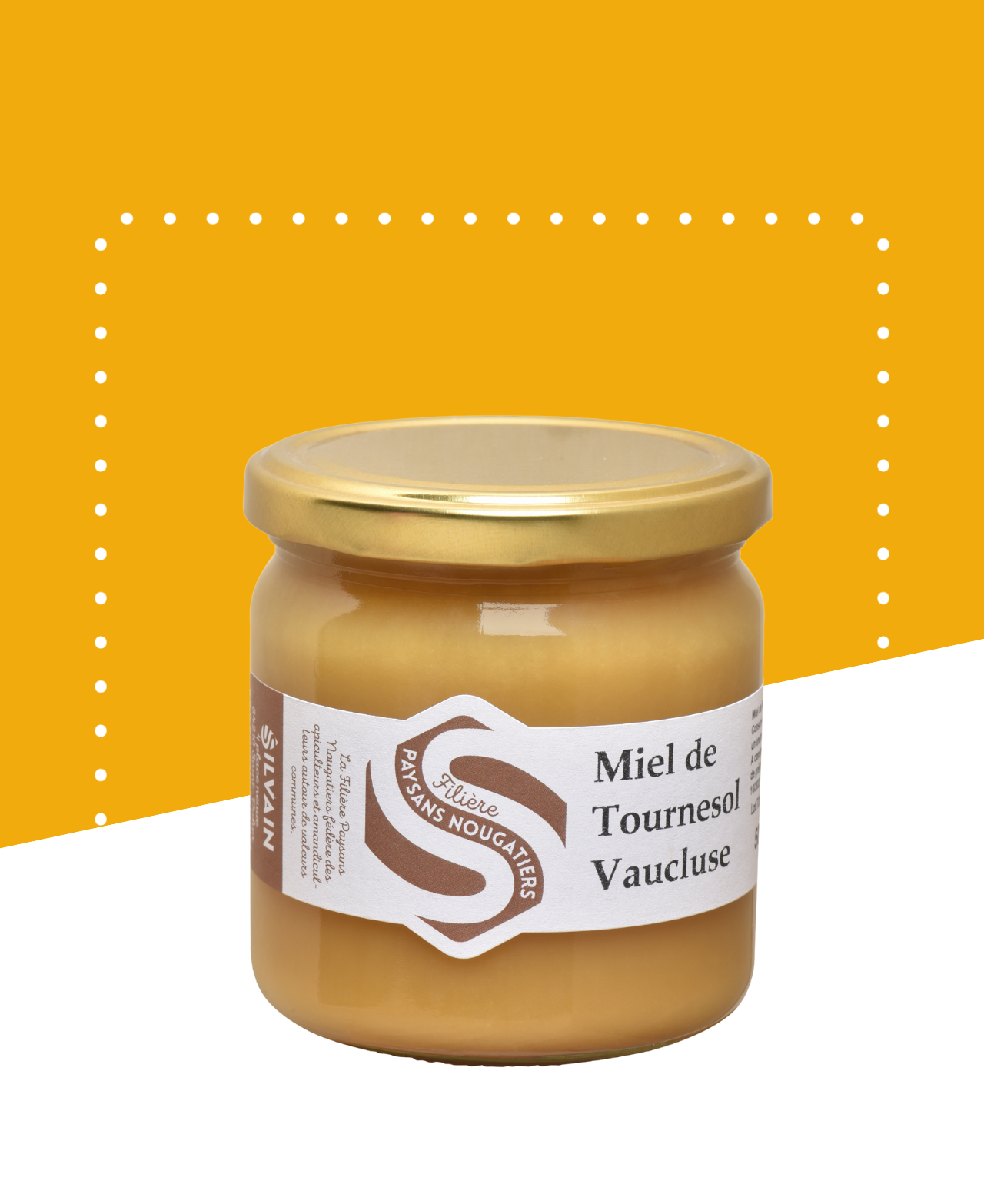 Pot de miel de tournesol de 500g, couleur dorée et texture crémeuse.