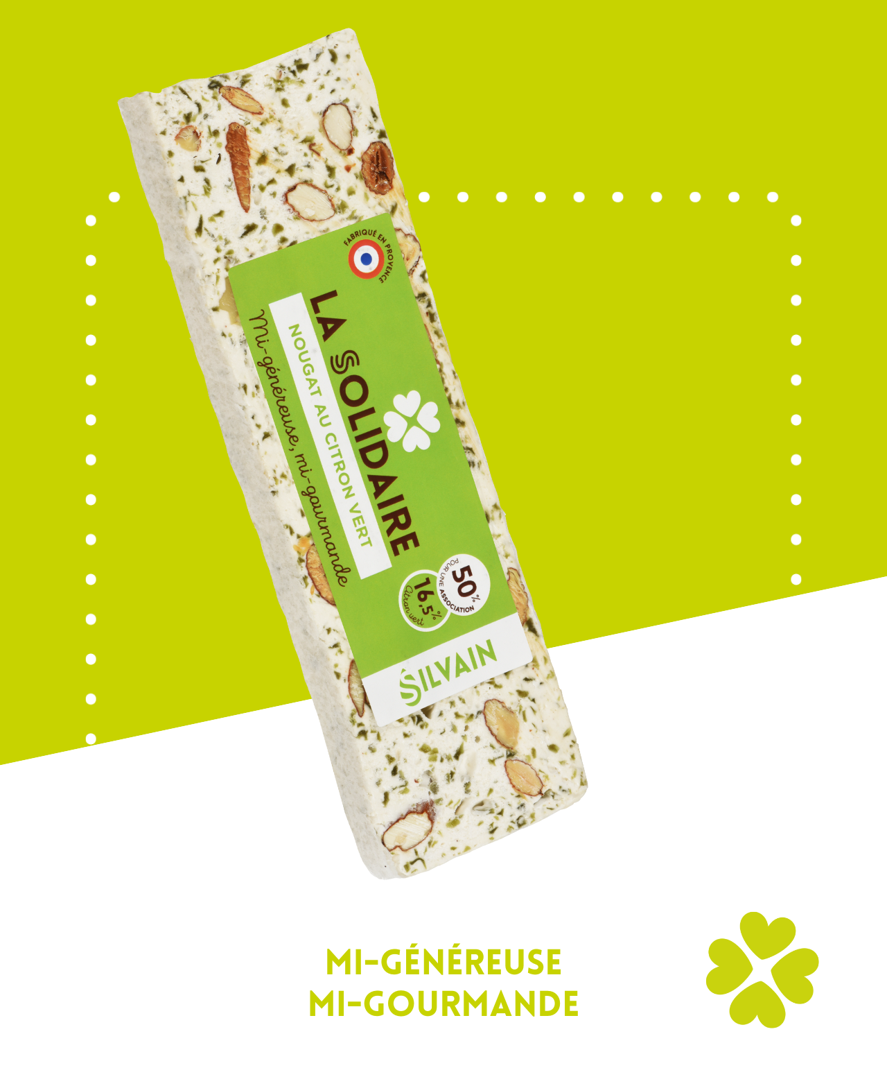 Nougat blanc au citron vert présenté dans un emballage élégant et coloré.