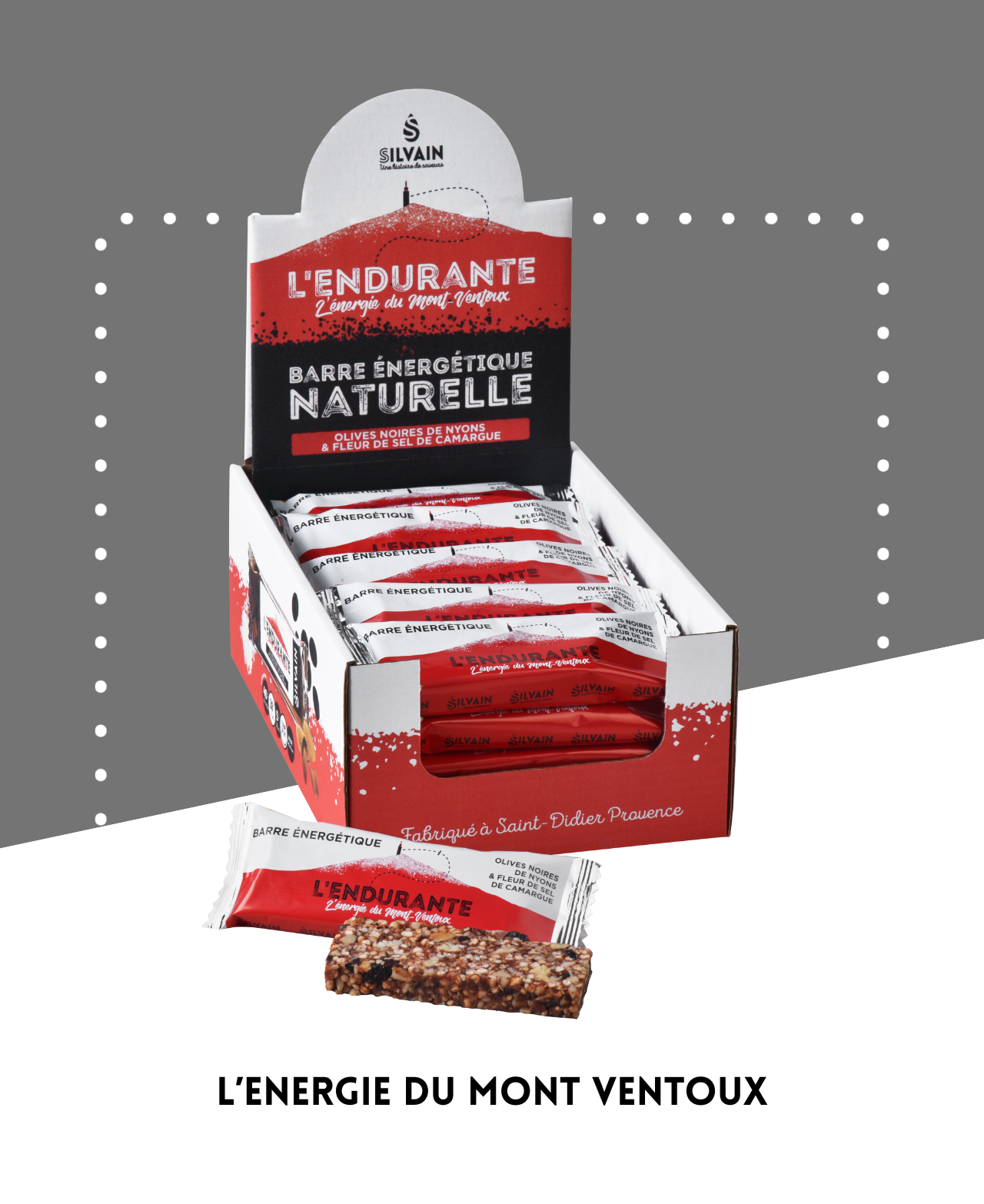 Pack de 25 barres L'Endurante aux olives noires, fleur de sel, quinoa et amandes