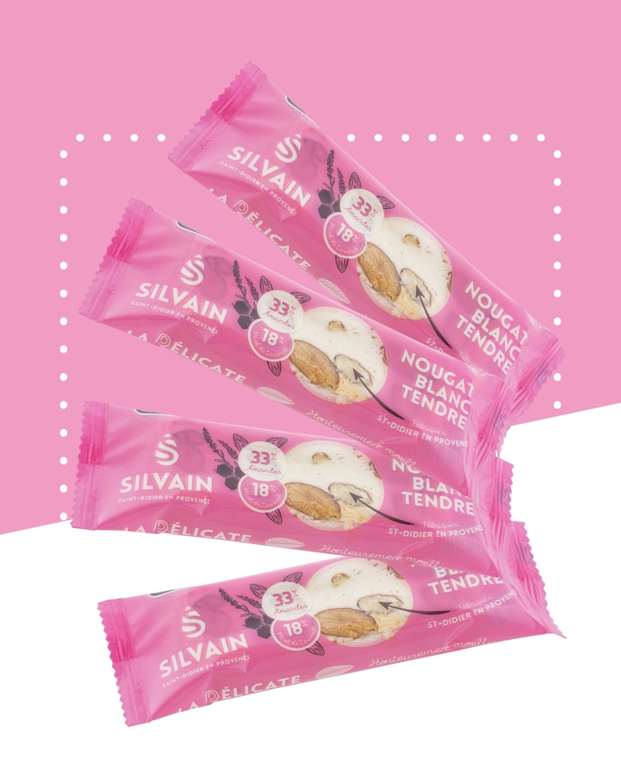 Nougat blanc tendre avec amande grillée et miel de lavande, moelleux et délicat.