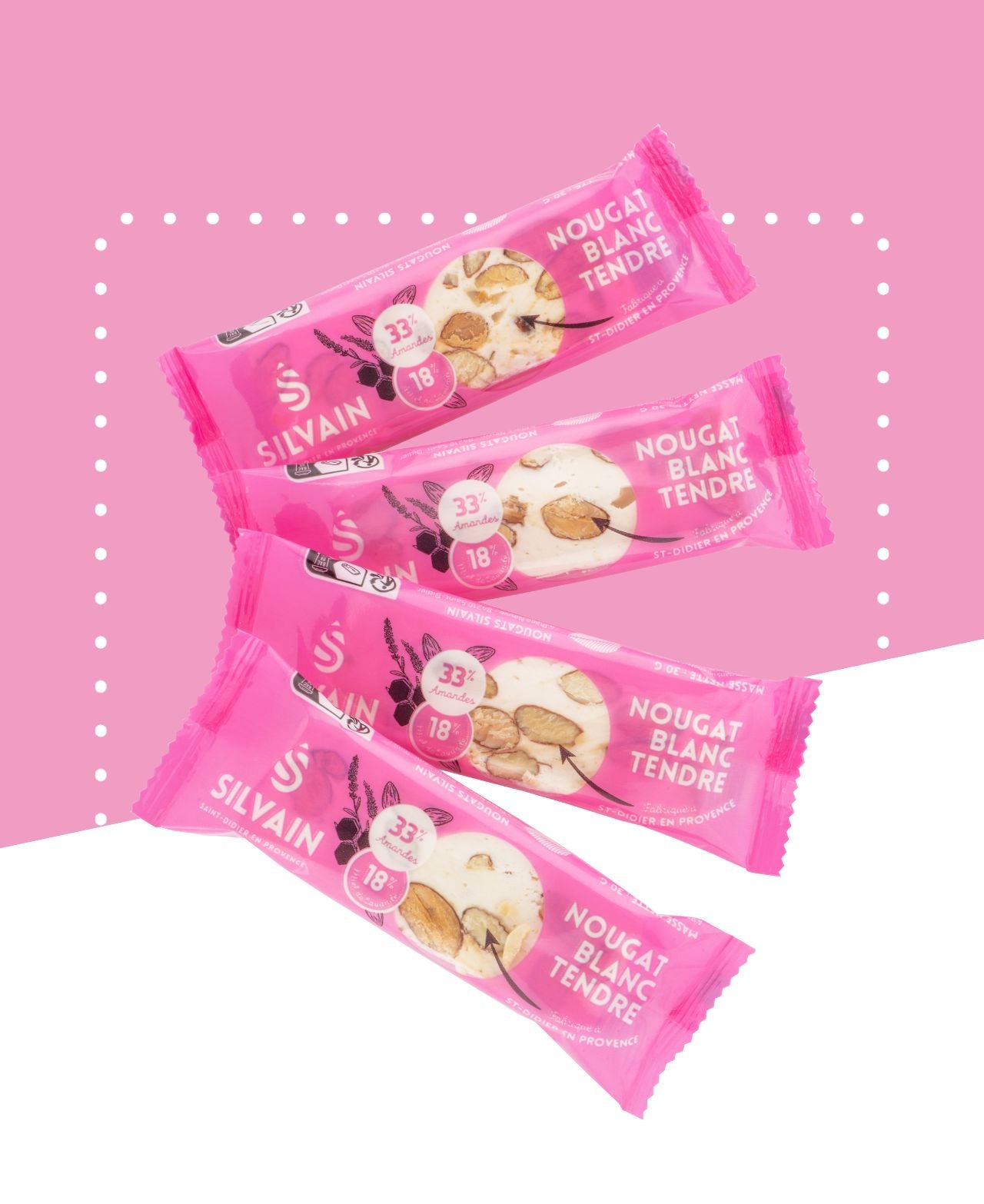Pack of La Délicate nougat, soft white nougat with almonds and lavender honey.