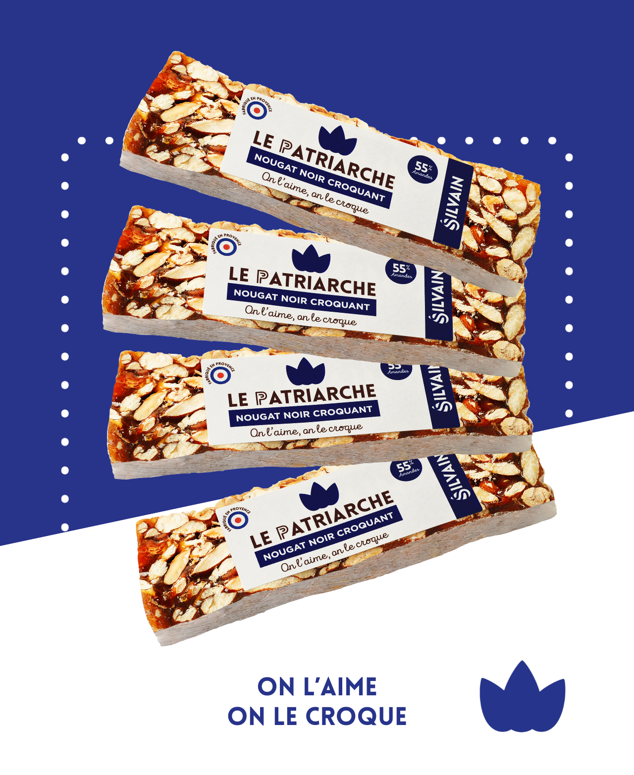 Nougat noir croquant Le Patriarche avec 60% d'amandes, miel caramélisé, orange et cognac.
