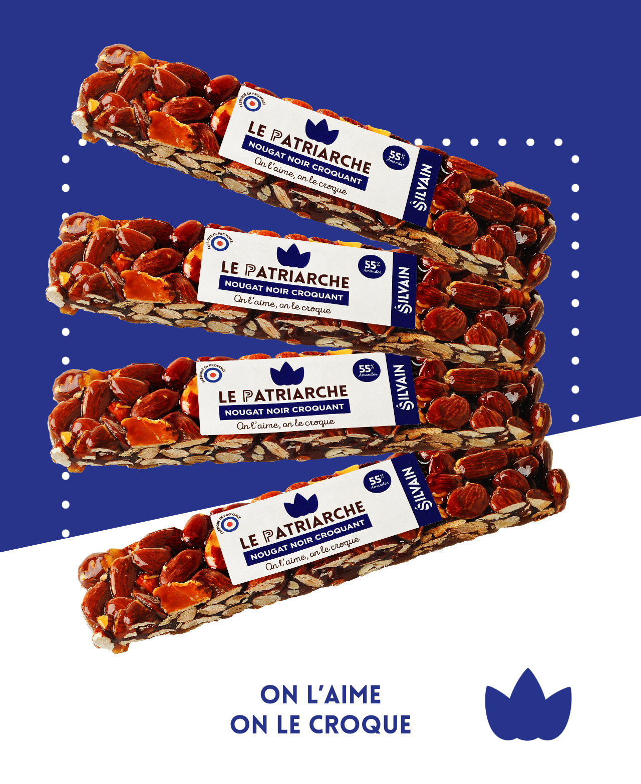 Nougat noir croquant avec 60 % d'amandes, miel caramélisé et arôme d'orange.