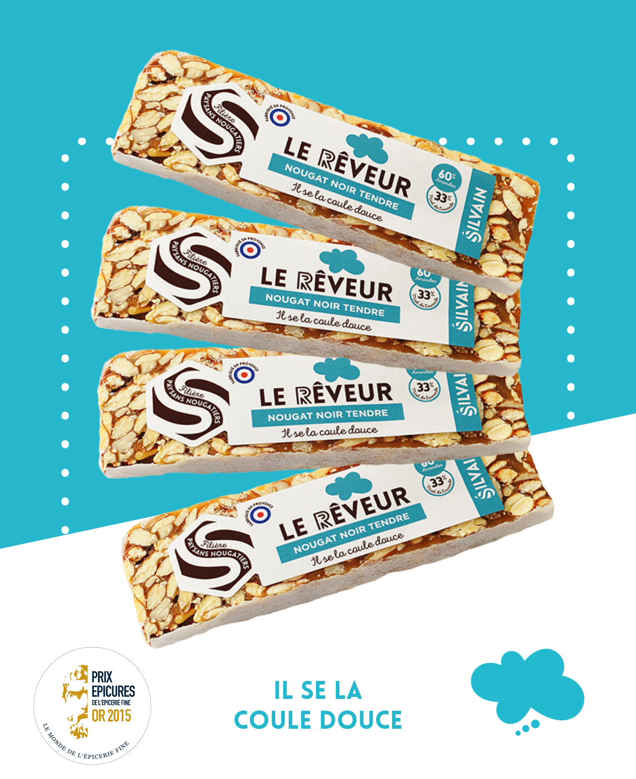 Tendre nougat noir avec amandes, miel de lavande, arôme d'orange et touche de cognac.