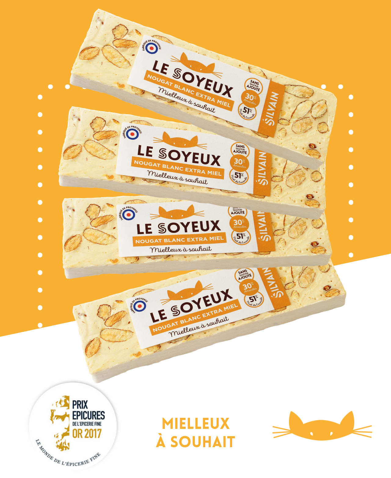 Nougat blanc extra miel avec amandes et pâte jaune pastel soyeuse.