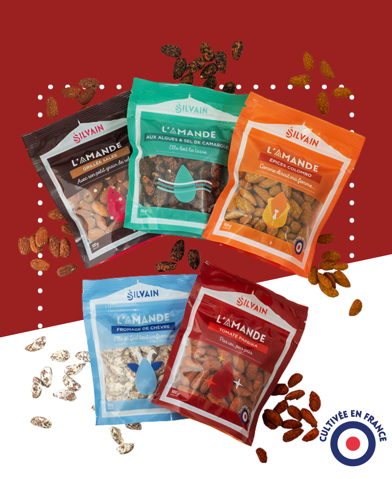 Pack of five varieties of flavored roasted almonds in individual 100g bags.