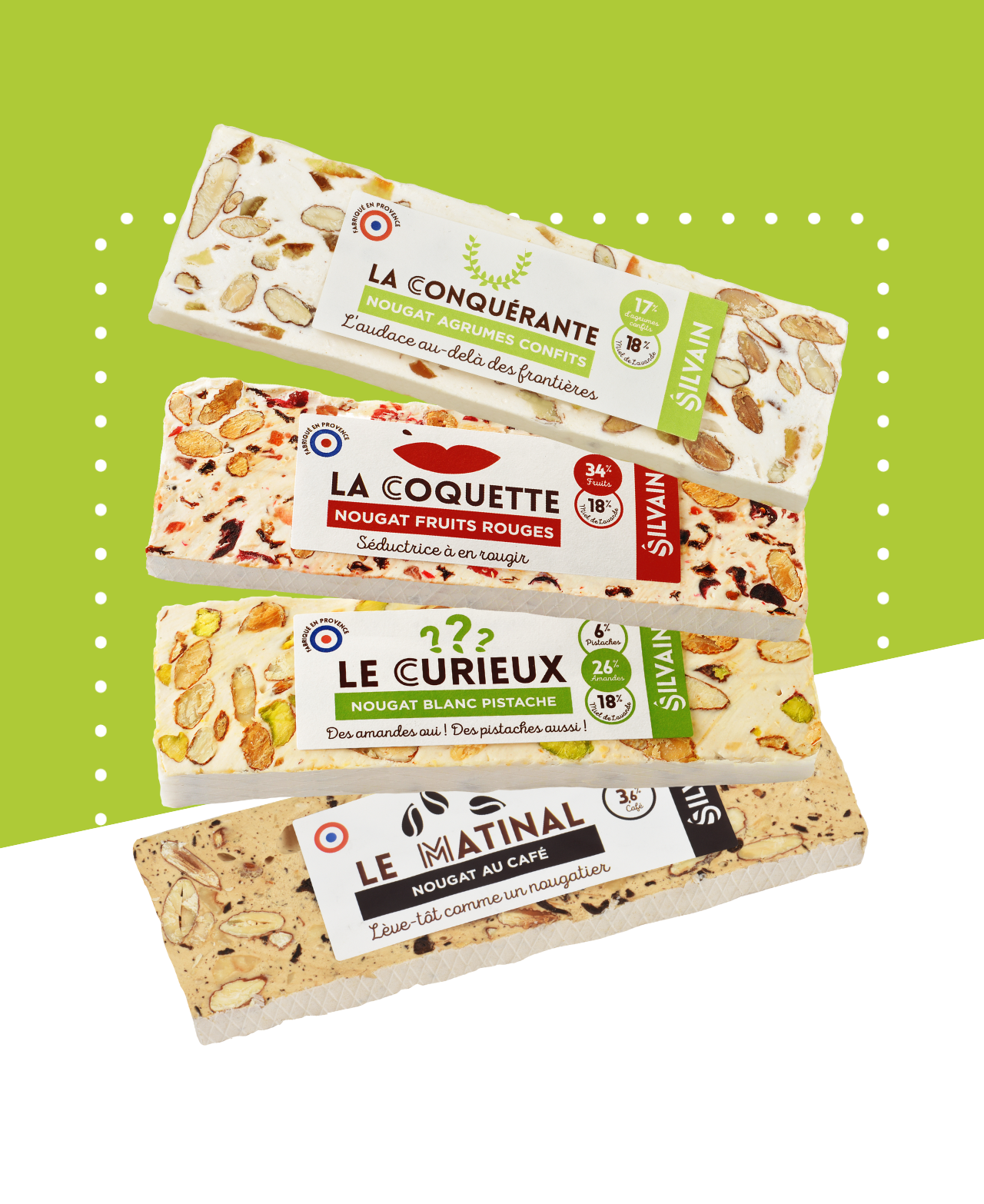 Quatre barres de nougat : amandes et pistaches, café, fruits rouges, agrumes confits.