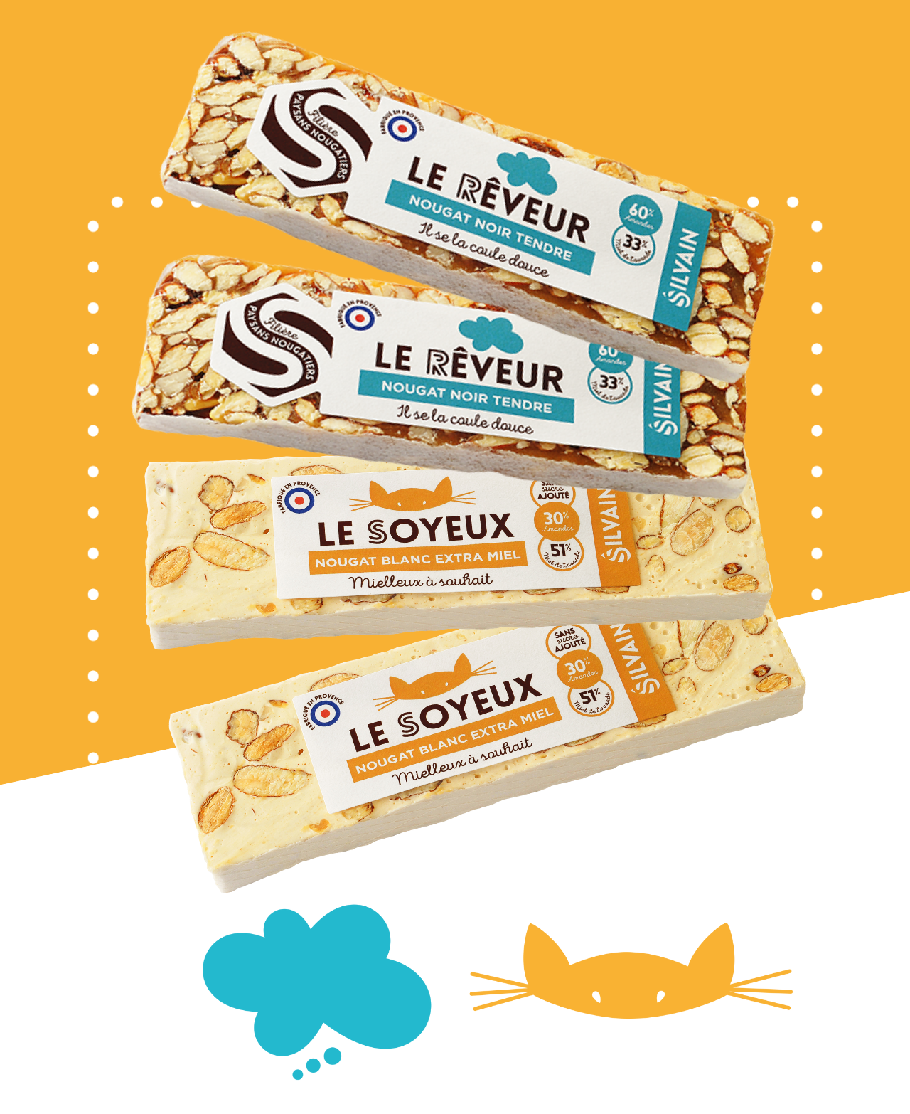 Deux barres de nougat blanc au miel et deux barres de nougat noir tendre en emballage.