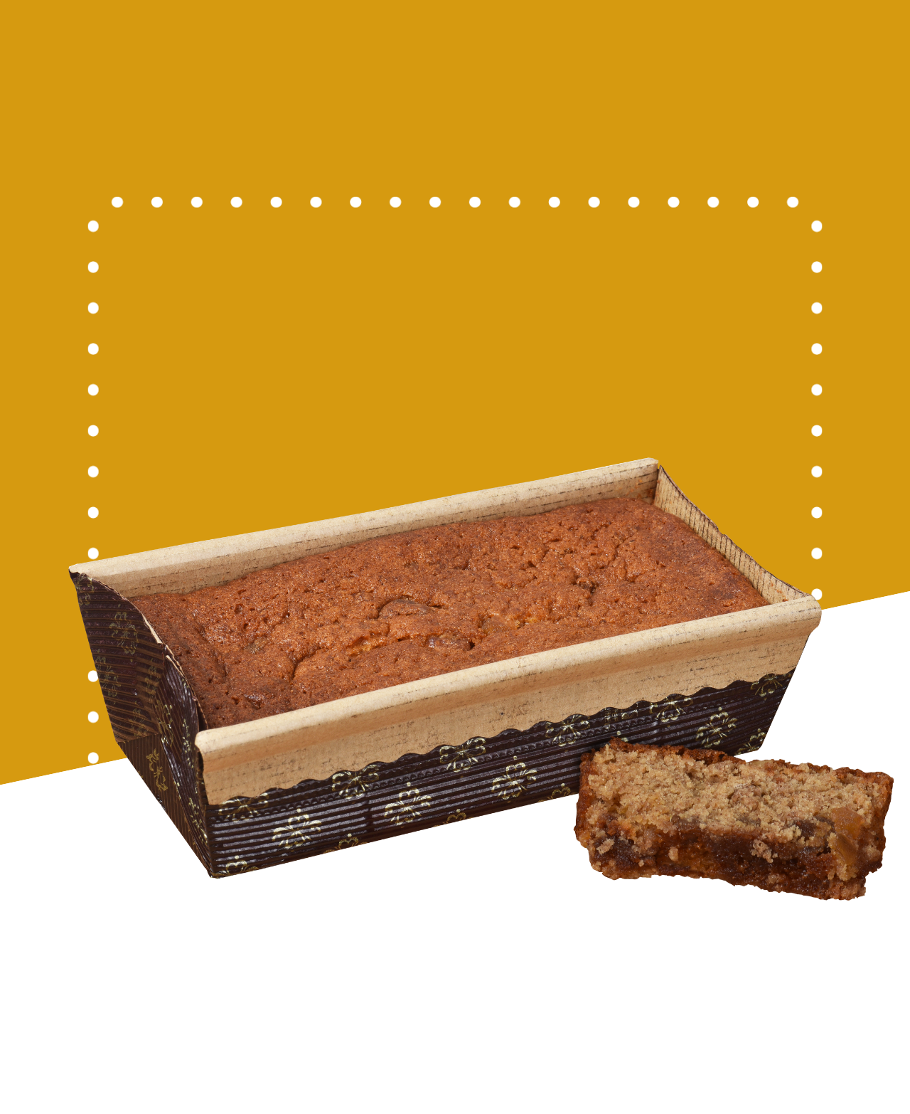 Pain d'épices aux fruits confits avec une texture moelleuse et des morceaux de fruits et noix.