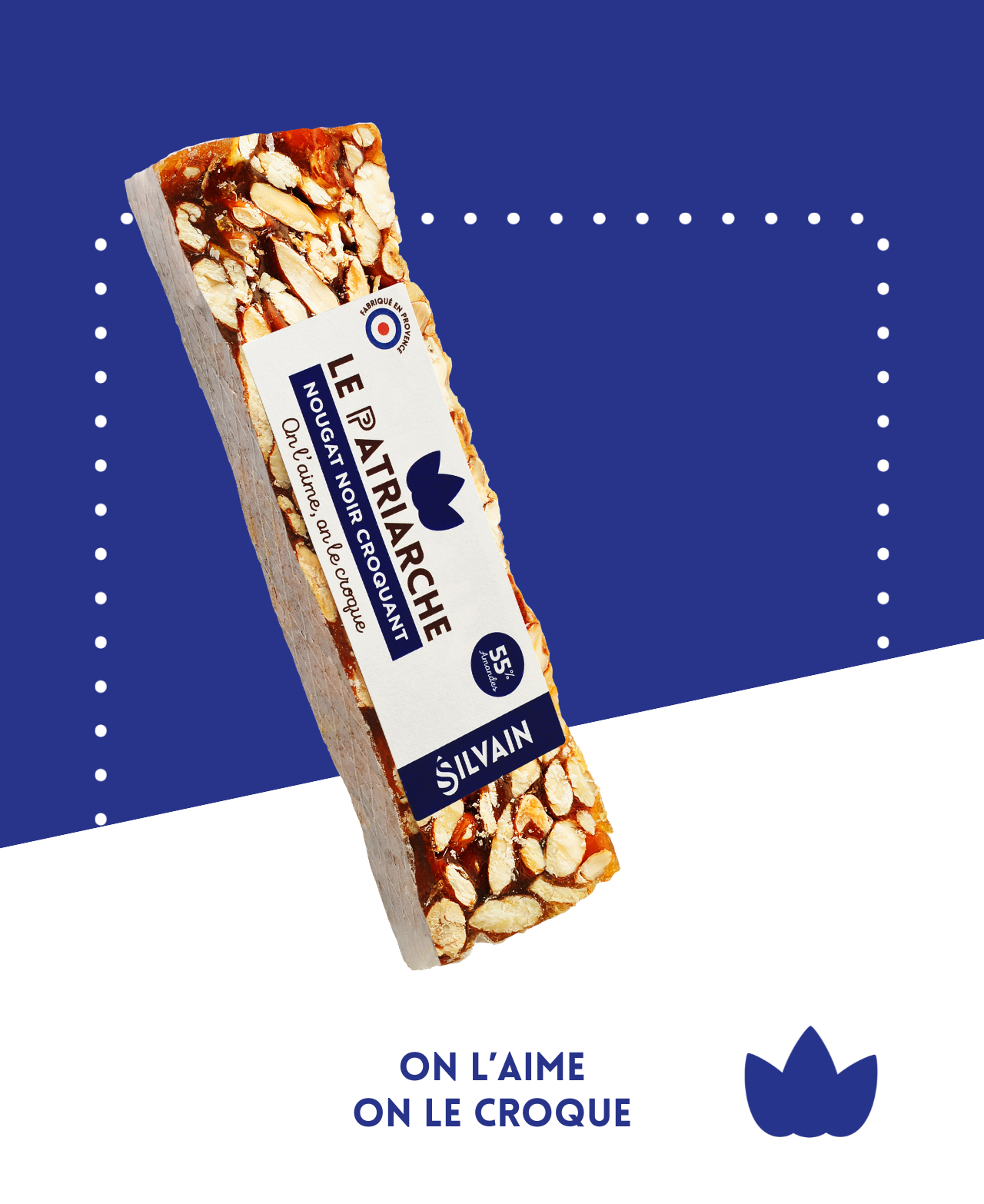Nougat noir croquant avec amandes, miel caramélisé, arôme d'orange et cognac.