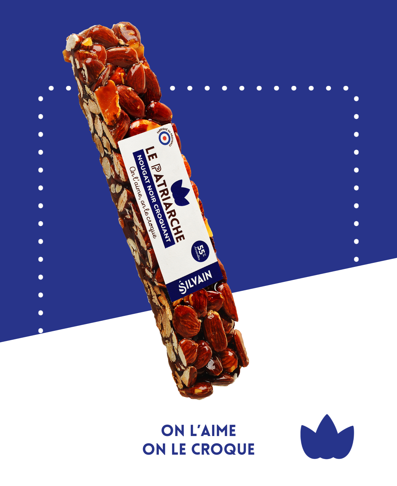 Nougat noir croquant Le Patriarche avec 60% d'amandes, miel caramélisé, arôme d'orange et cognac