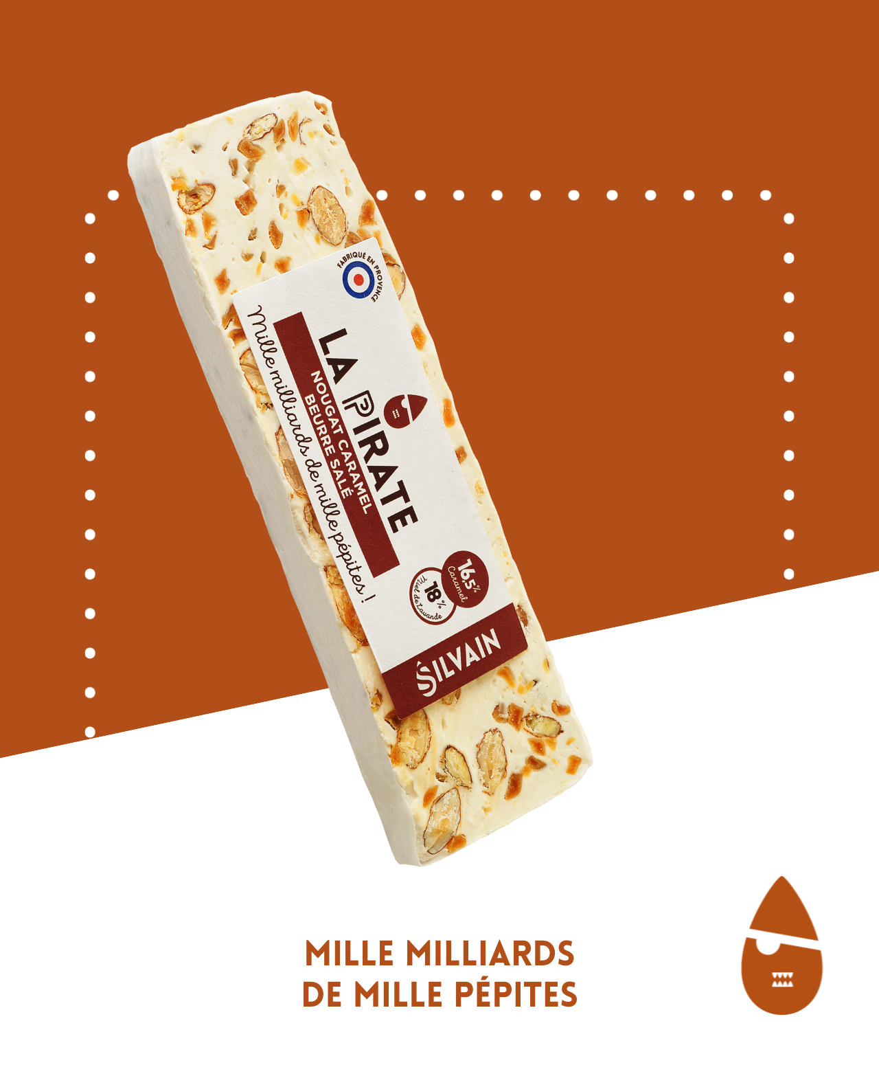Tendre nougat blanc avec pépites de caramel au beurre salé dans un emballage coloré.
