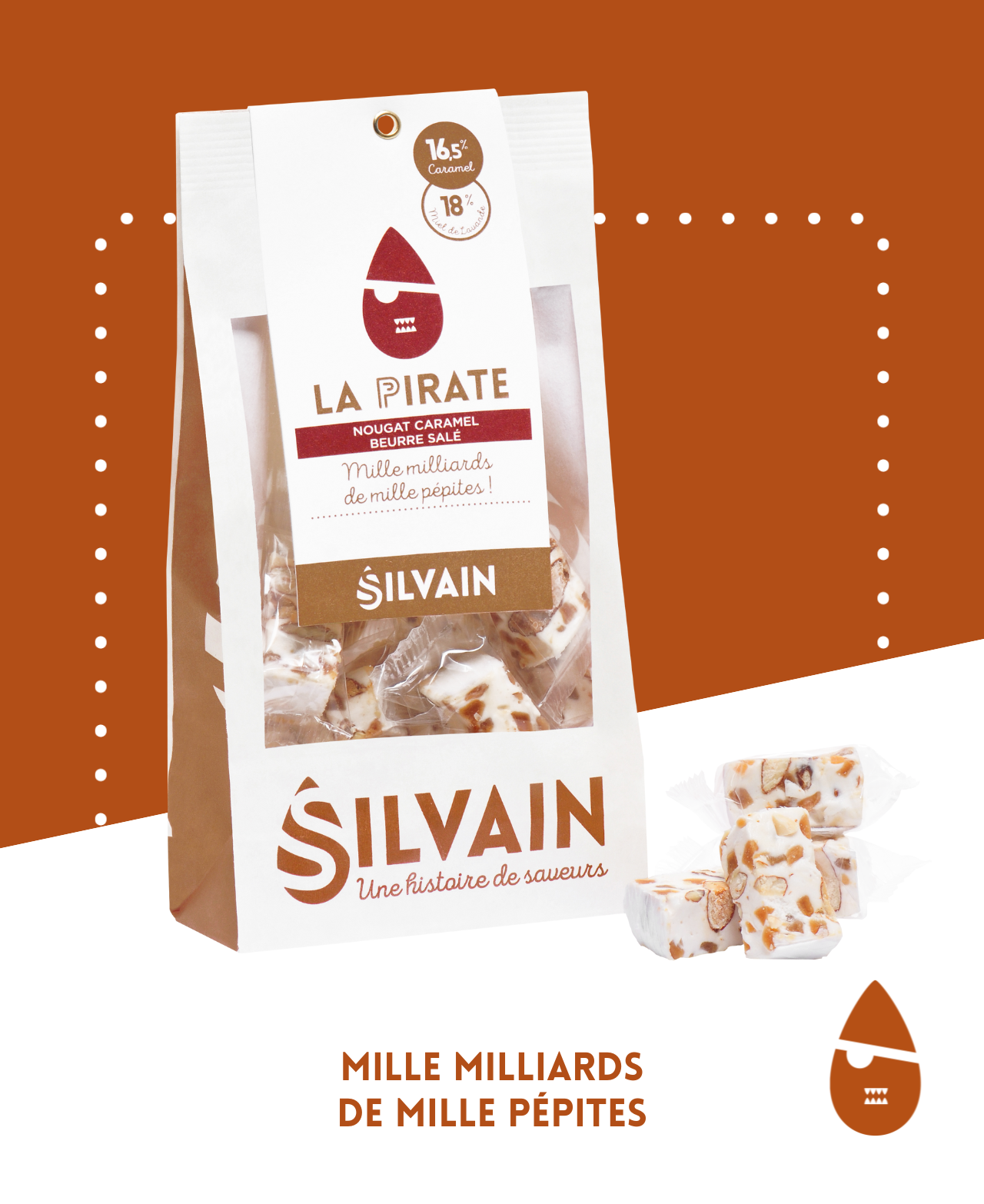 Tendre nougat blanc avec pépites de caramel au beurre salé dans un emballage coloré.