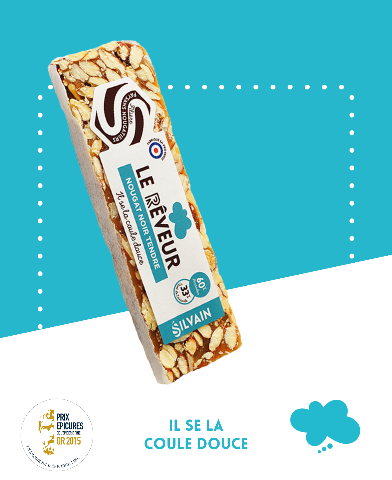 Nougat noir tendre Le Rêveur avec 60% d'amandes, miel de lavande, arôme d'orange et cognac