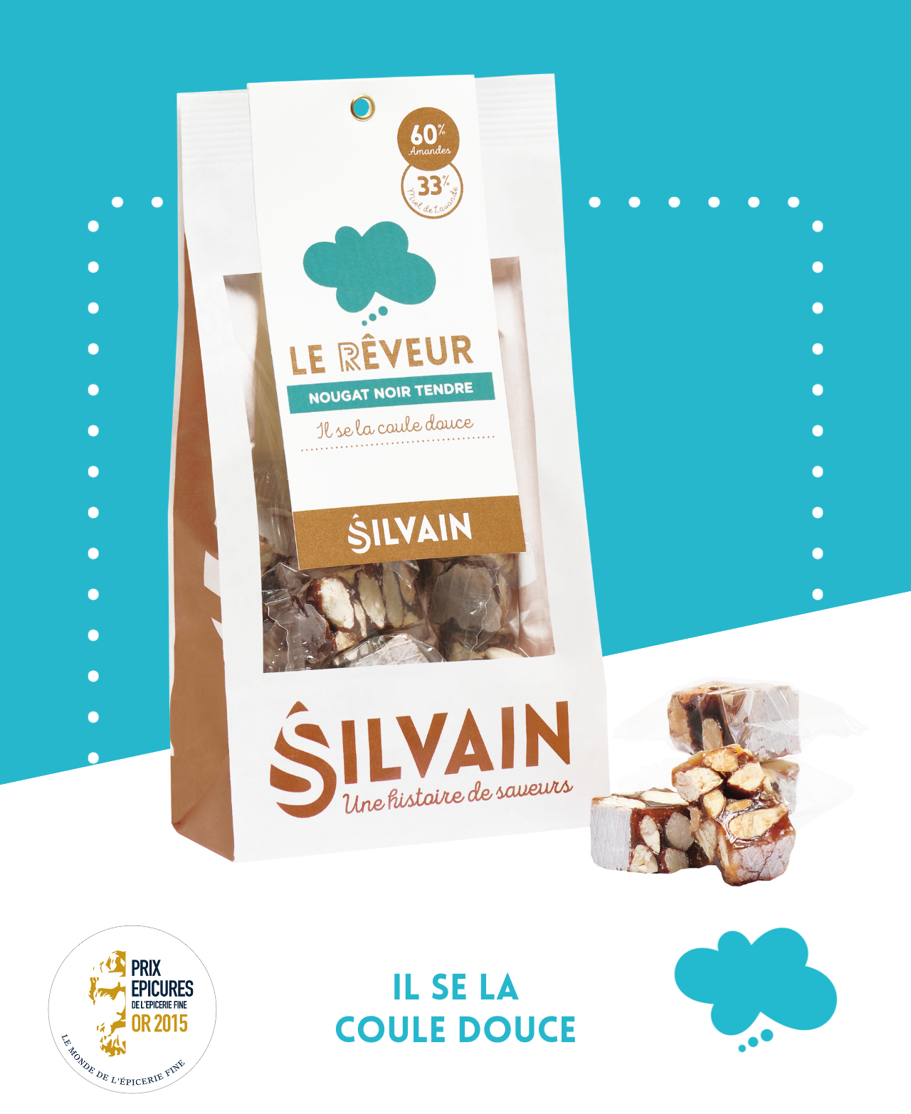 Nougat noir tendre Le Rêveur avec 60% amandes, miel de lavande, arôme orange et cognac