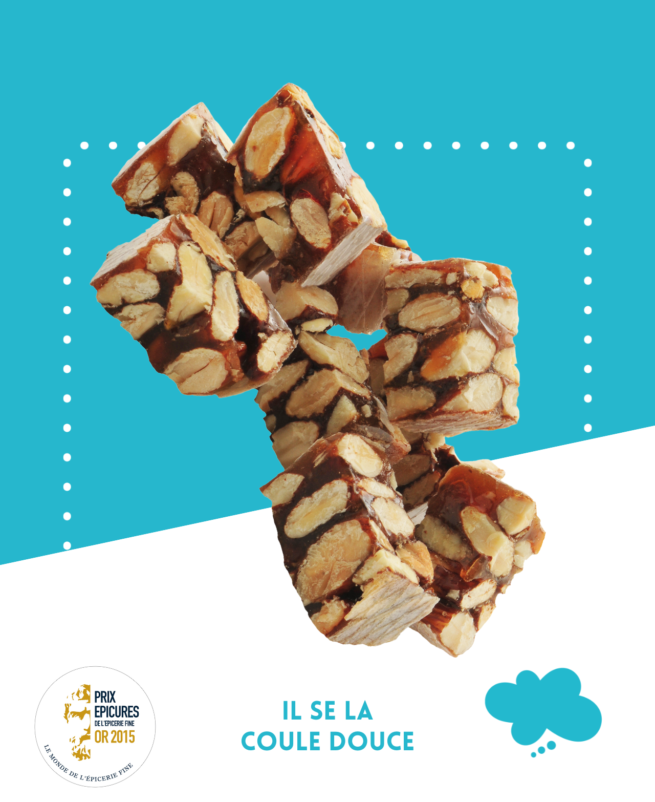Tendre nougat noir avec 60% d'amandes et 33% de miel de lavande, parfumé à l'orange.