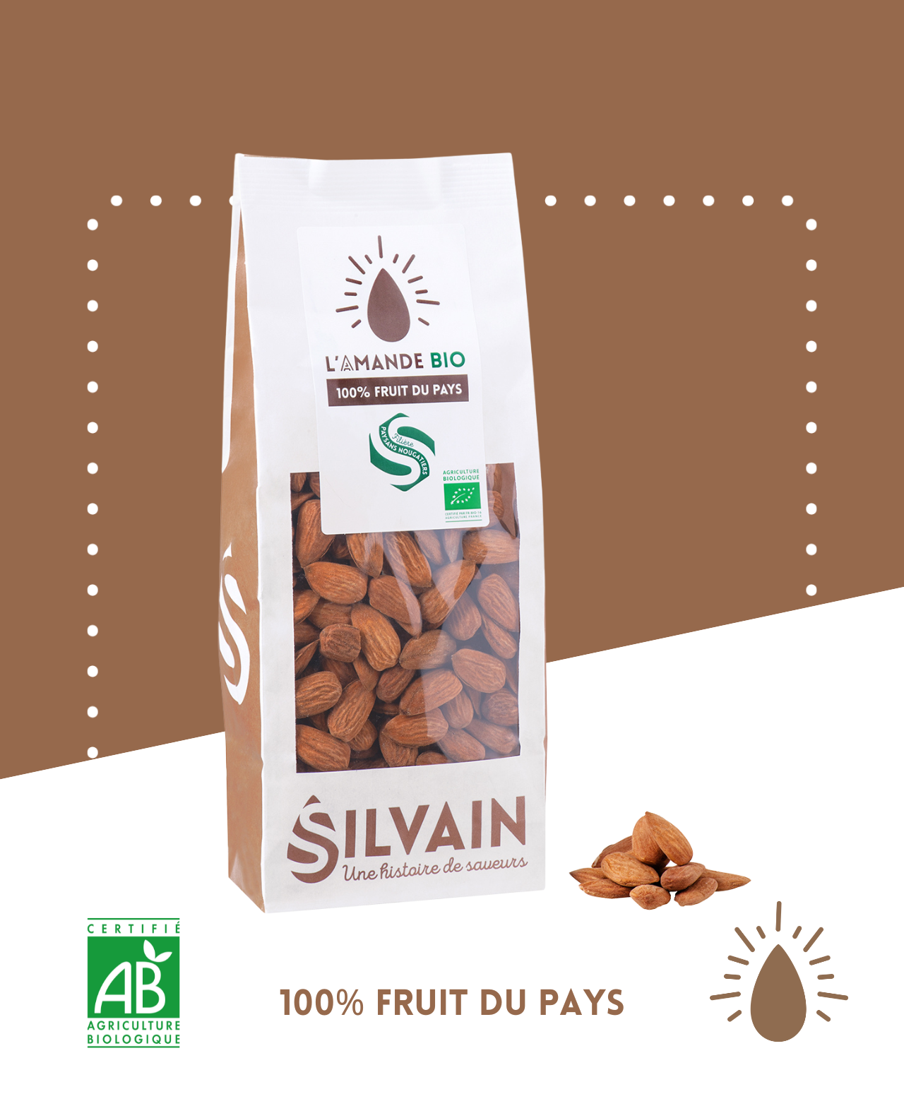 Amandes natures bio entières avec peau, provenant de Saint-Didier et Pernes les Fontaines.