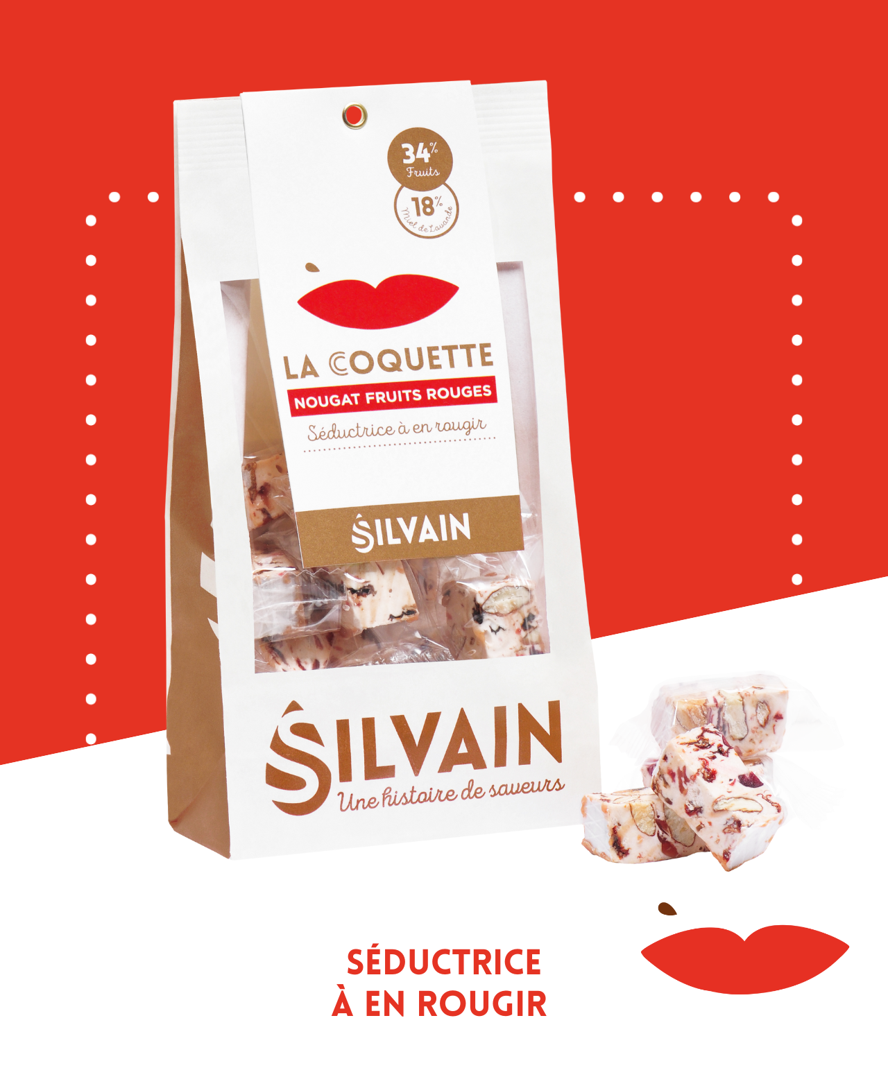 Nougat blanc aux fruits rouges, incluant fraise, cranberry, épine-vinette et bigarreau.