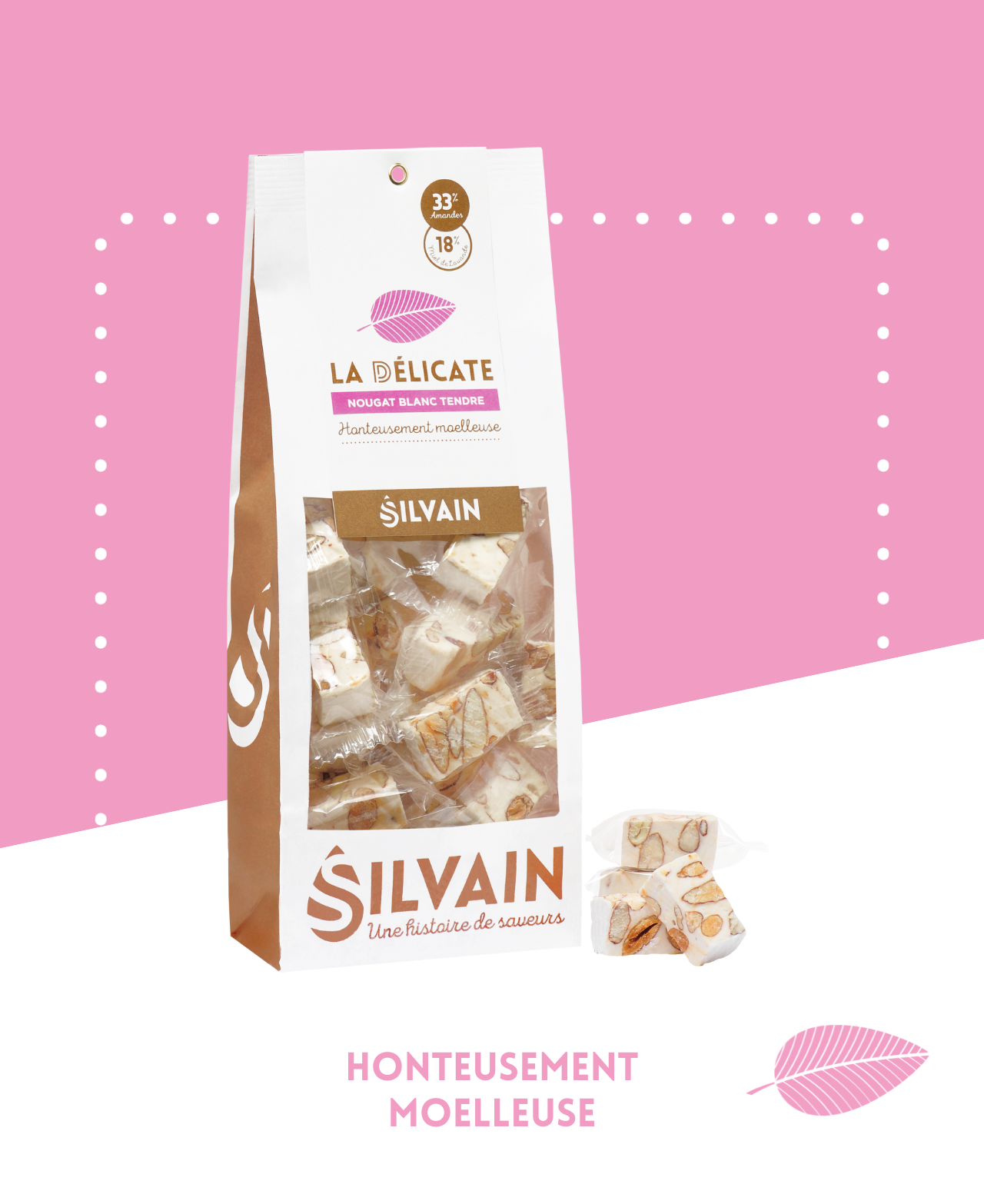 Nougat blanc tendre avec amandes grillées et miel de lavande, moelleux et délicat.