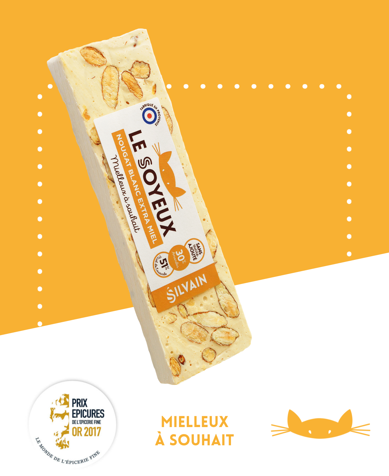 Nougat blanc extra miel avec une texture fondante, couleur jaune pastel et amandes visibles.