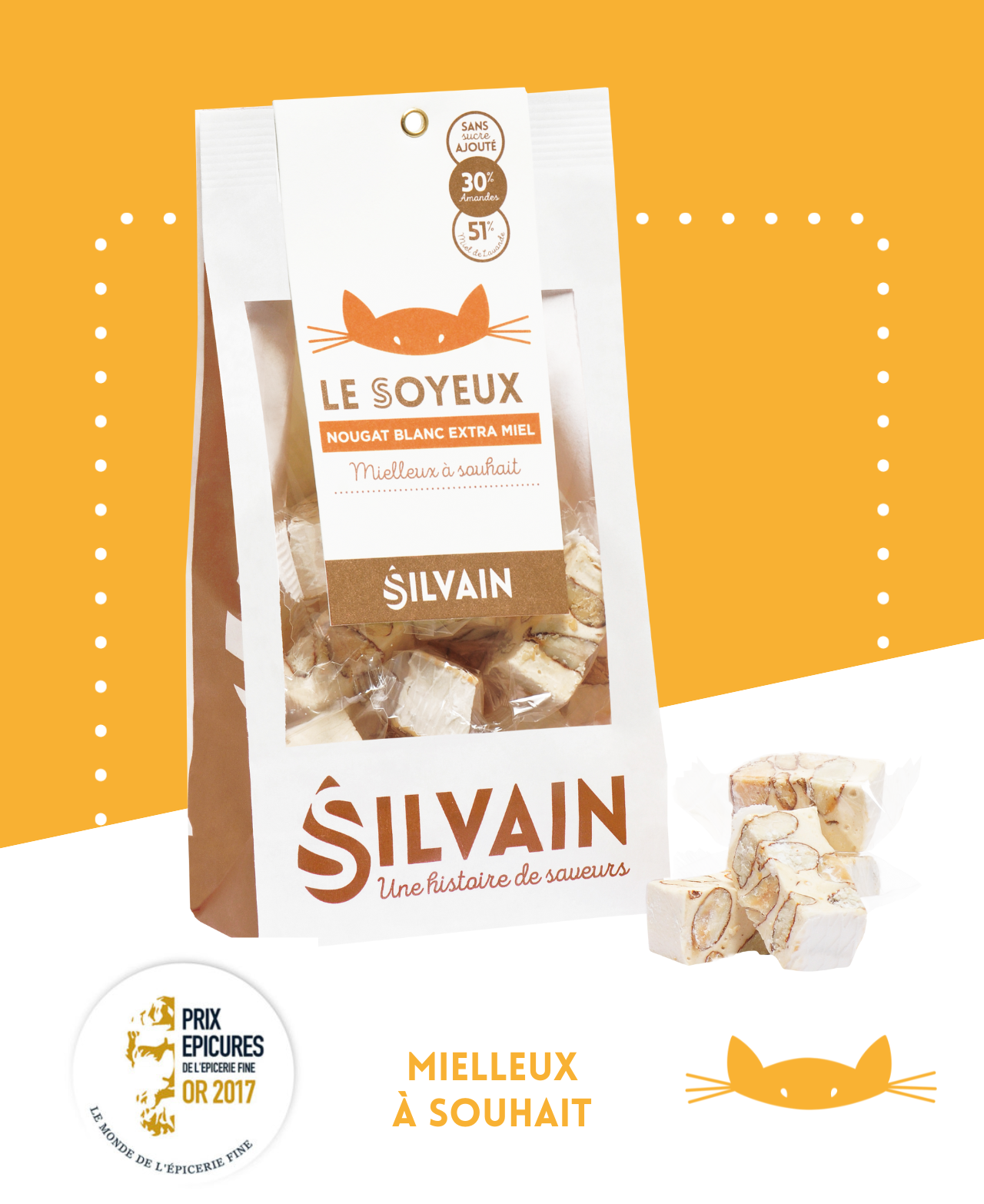 Nougat blanc extra miel avec miel de lavande et amandes, de couleur jaune pastel.